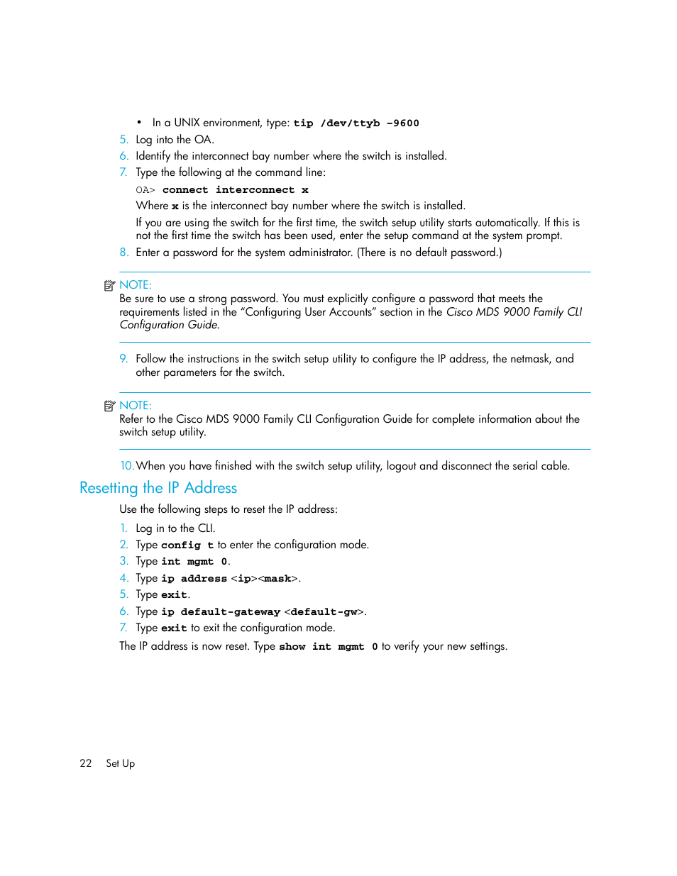 Resetting the ip address | HP Cisco MDS 9124e Fabric Switch for BladeSystem c-Class User Manual | Page 22 / 68