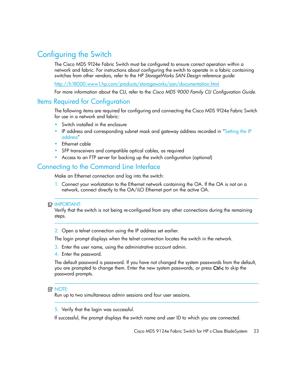 Configuring the switch, Items required for configuration, Connecting to the command line interface | HP Cisco MDS 9124e Fabric Switch for BladeSystem c-Class User Manual | Page 23 / 68