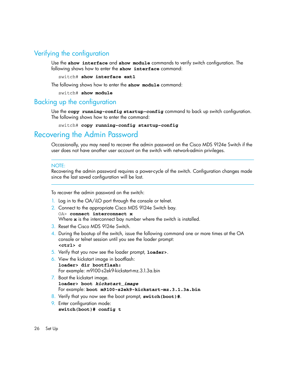 Verifying the configuration, Backing up the configuration, Recovering the admin password | Environmental requirements | HP Cisco MDS 9124e Fabric Switch for BladeSystem c-Class User Manual | Page 26 / 68
