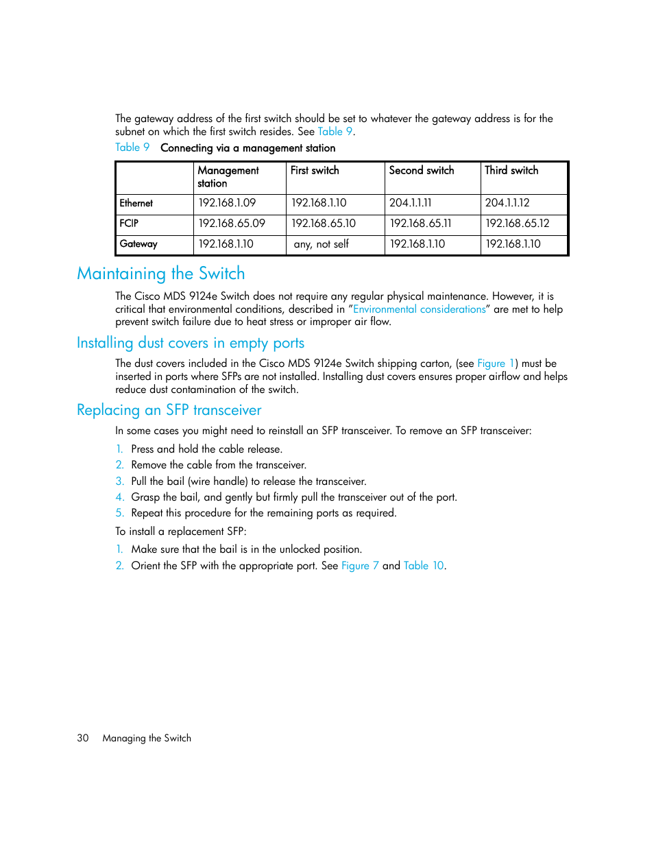 Maintaining the switch, Installing dust covers in empty ports, Replacing an sfp transceiver | HP Cisco MDS 9124e Fabric Switch for BladeSystem c-Class User Manual | Page 30 / 68