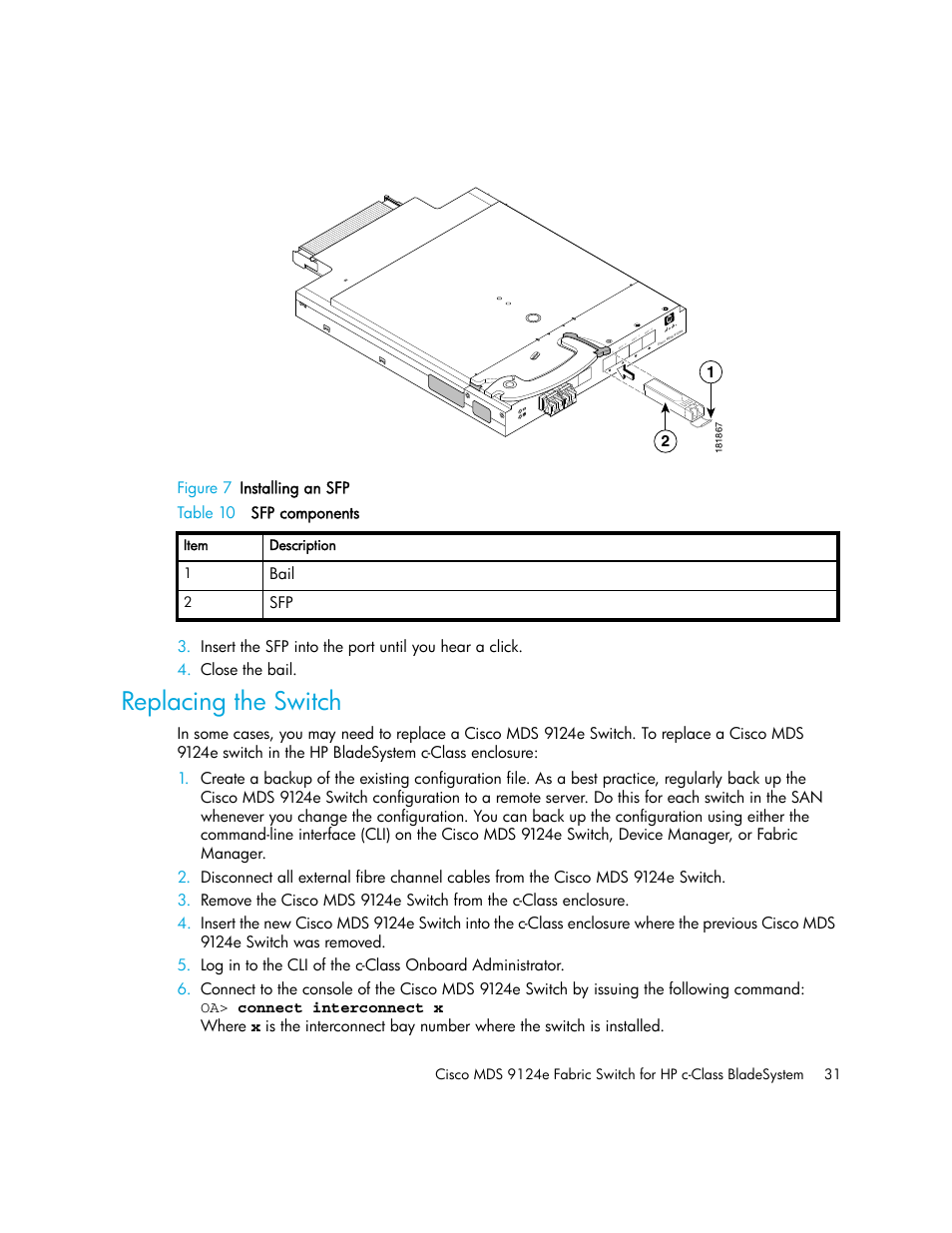 Replacing the switch, Figure 7, Table 10 | Bail | HP Cisco MDS 9124e Fabric Switch for BladeSystem c-Class User Manual | Page 31 / 68
