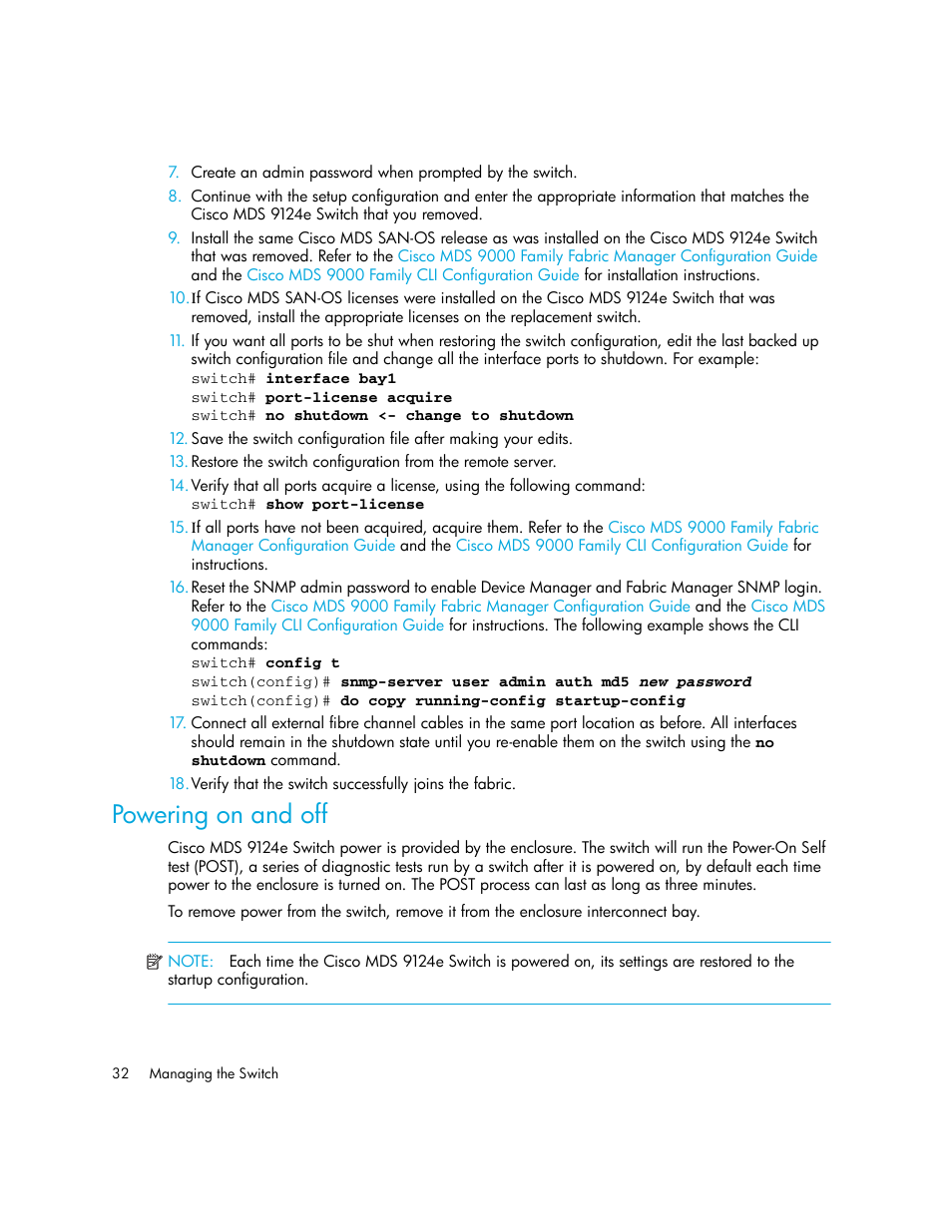 Powering on and off | HP Cisco MDS 9124e Fabric Switch for BladeSystem c-Class User Manual | Page 32 / 68