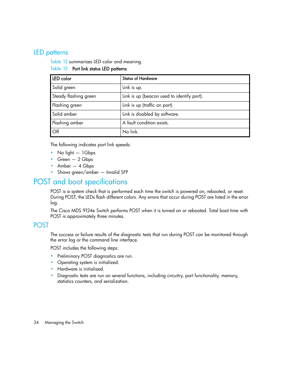 Led patterns, Post and boot specifications, Post | HP Cisco MDS 9124e Fabric Switch for BladeSystem c-Class User Manual | Page 34 / 68