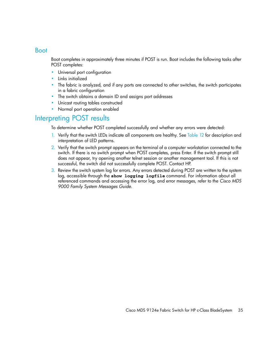 Boot, Interpreting post results | HP Cisco MDS 9124e Fabric Switch for BladeSystem c-Class User Manual | Page 35 / 68