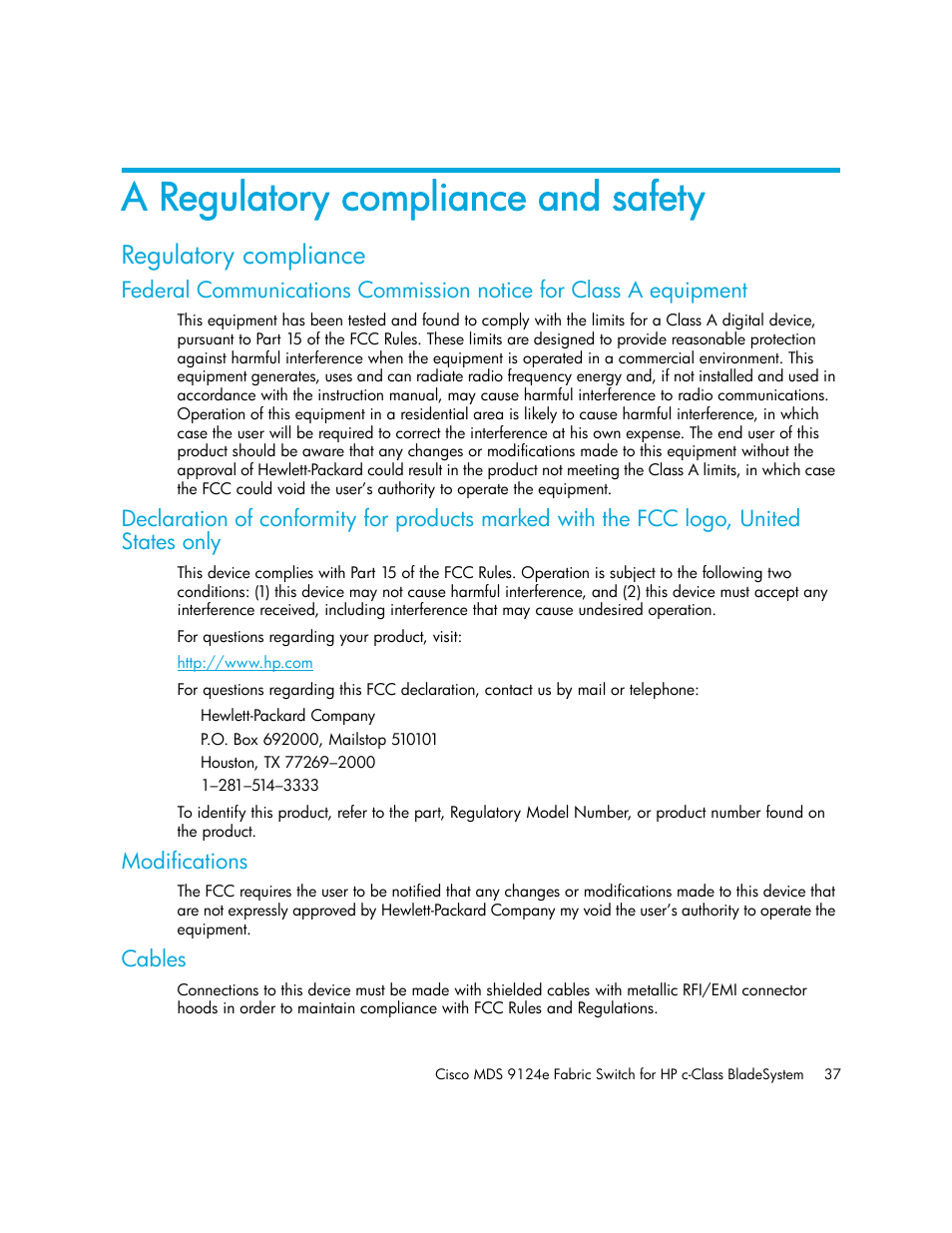A regulatory compliance and safety, Regulatory compliance, Modifications | Cables | HP Cisco MDS 9124e Fabric Switch for BladeSystem c-Class User Manual | Page 37 / 68