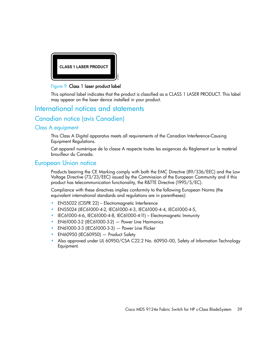 International notices and statements, Canadian notice (avis canadien), Class a equipment | European union notice | HP Cisco MDS 9124e Fabric Switch for BladeSystem c-Class User Manual | Page 39 / 68