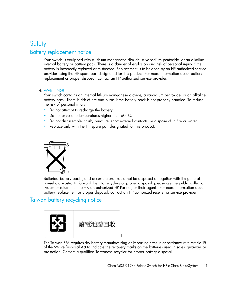 Safety, Battery replacement notice, Taiwan battery recycling notice | HP Cisco MDS 9124e Fabric Switch for BladeSystem c-Class User Manual | Page 41 / 68