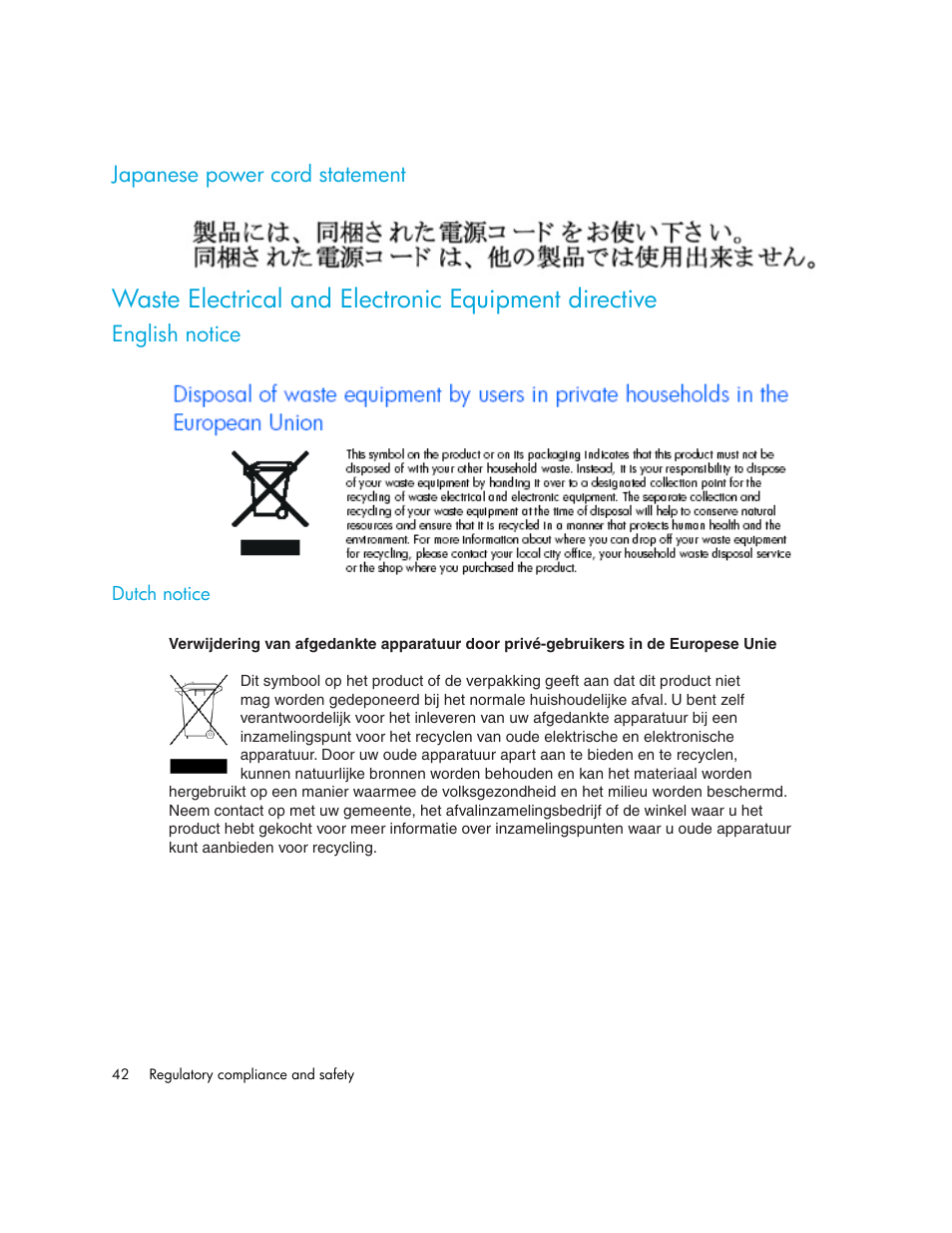 Japanese power cord statement, English notice, Dutch notice | HP Cisco MDS 9124e Fabric Switch for BladeSystem c-Class User Manual | Page 42 / 68