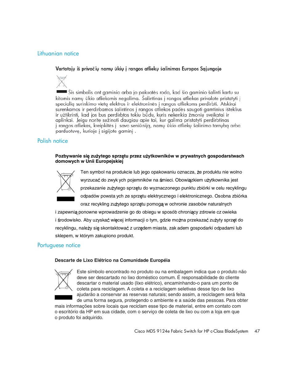 Lithuanian notice, Polish notice, Portuguese notice | HP Cisco MDS 9124e Fabric Switch for BladeSystem c-Class User Manual | Page 47 / 68