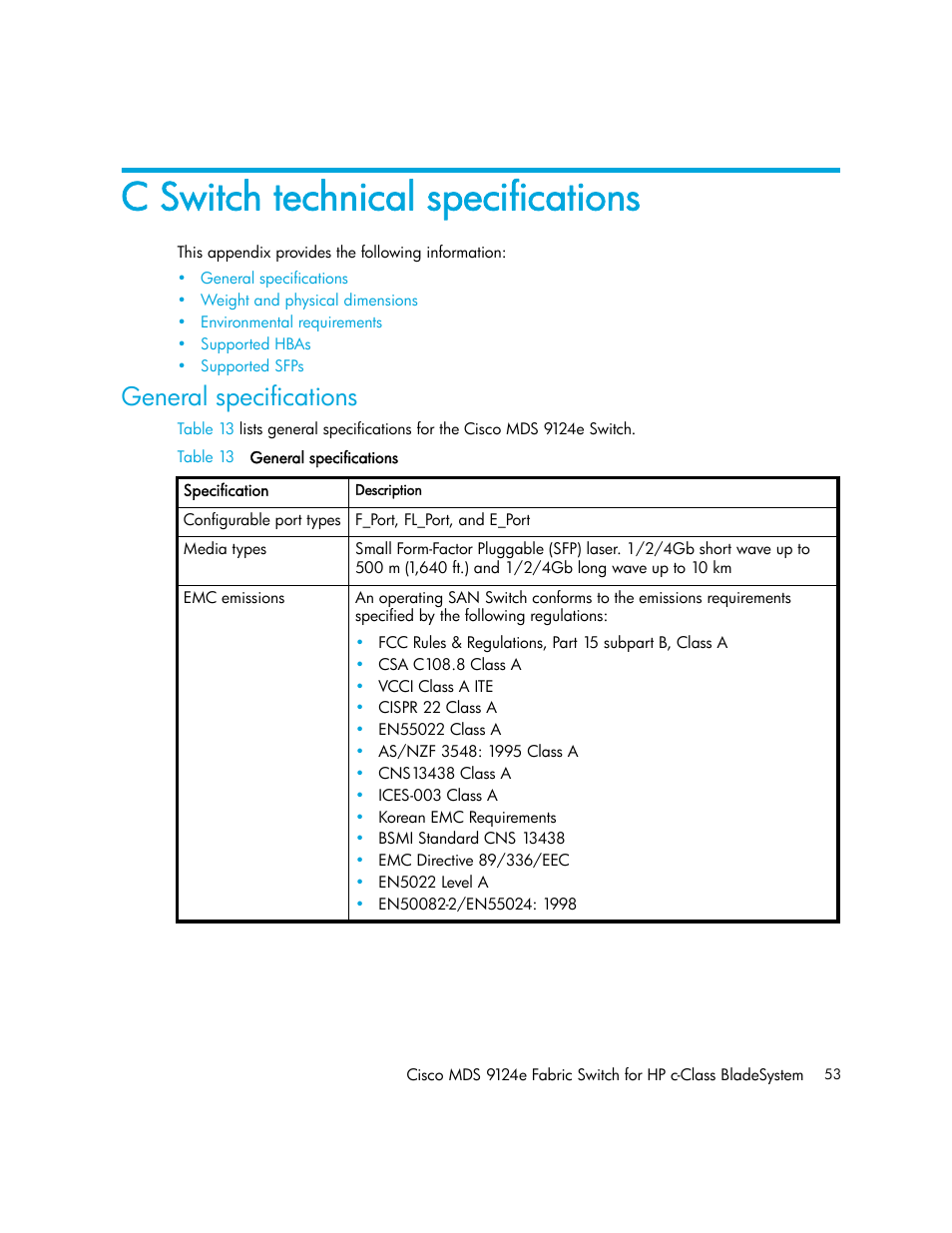 C switch technical specifications, General specifications | HP Cisco MDS 9124e Fabric Switch for BladeSystem c-Class User Manual | Page 53 / 68