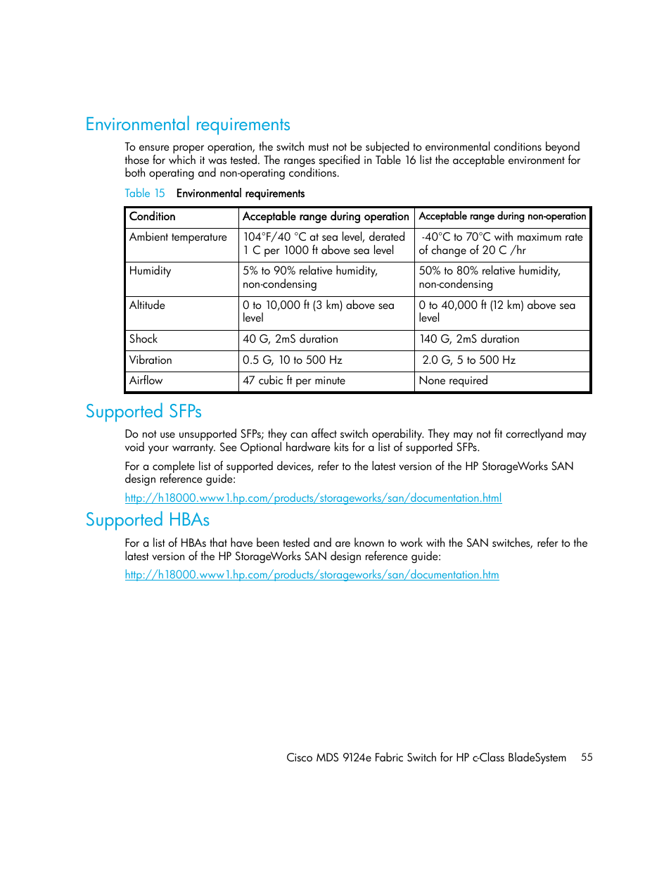Environmental requirements, Supported sfps, Supported hbas | HP Cisco MDS 9124e Fabric Switch for BladeSystem c-Class User Manual | Page 55 / 68