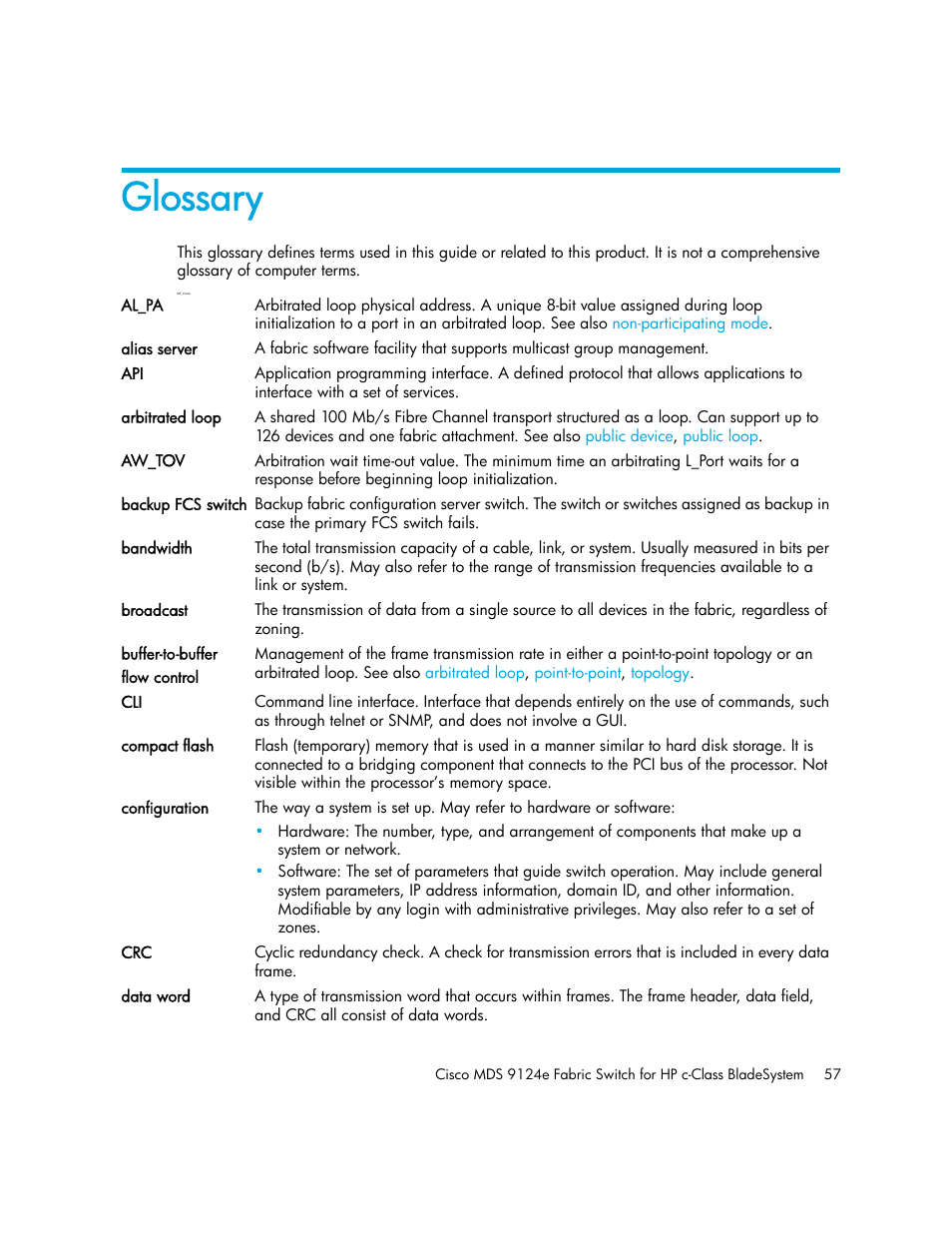 Glossary | HP Cisco MDS 9124e Fabric Switch for BladeSystem c-Class User Manual | Page 57 / 68