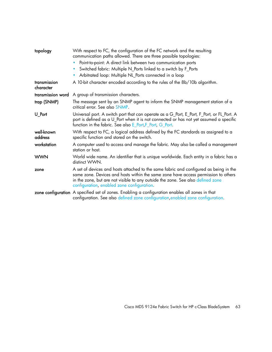 Topology, Zone, Zone configuration | U_port, Trap (snmp) | HP Cisco MDS 9124e Fabric Switch for BladeSystem c-Class User Manual | Page 63 / 68