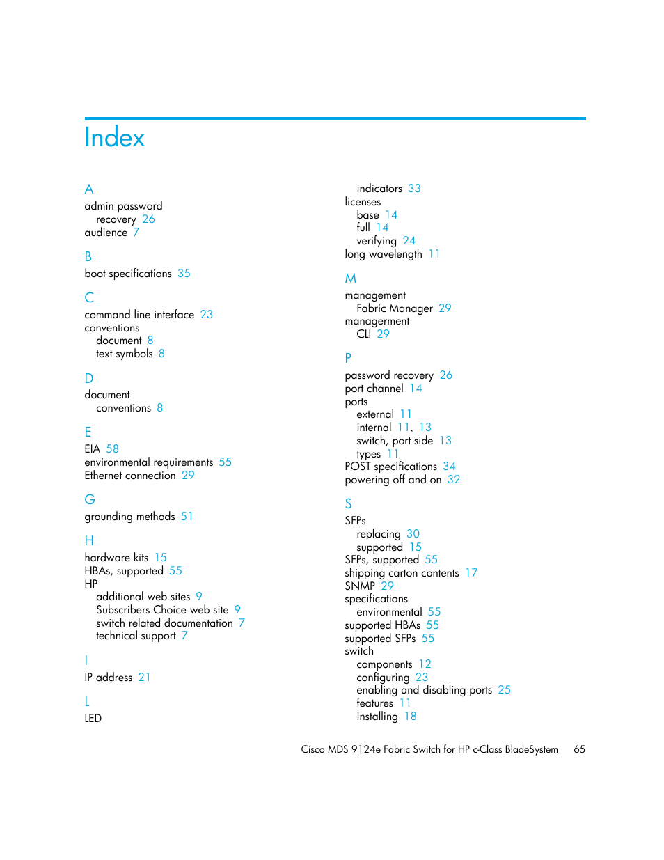 Index | HP Cisco MDS 9124e Fabric Switch for BladeSystem c-Class User Manual | Page 65 / 68