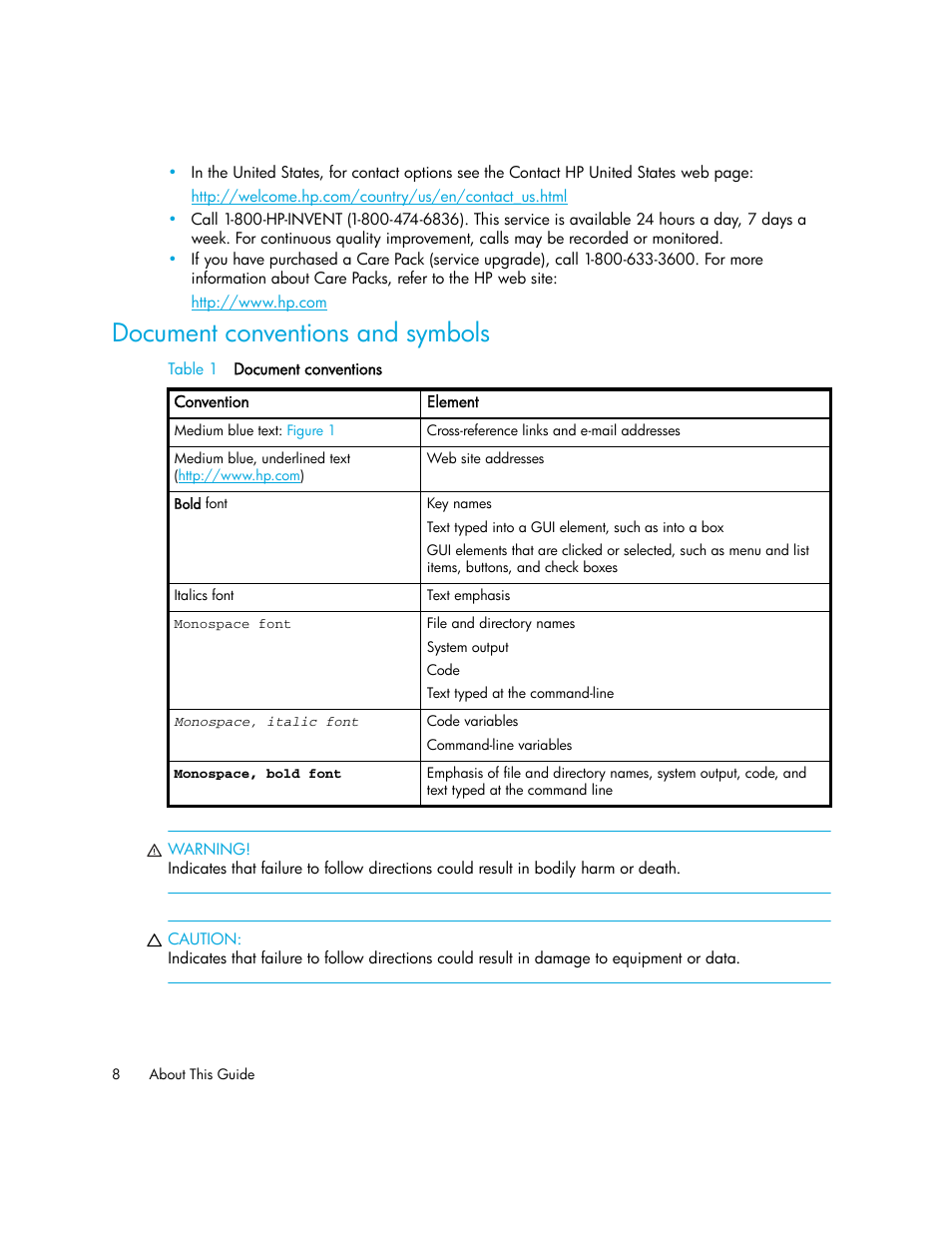 Document conventions and symbols | HP Cisco MDS 9124e Fabric Switch for BladeSystem c-Class User Manual | Page 8 / 68