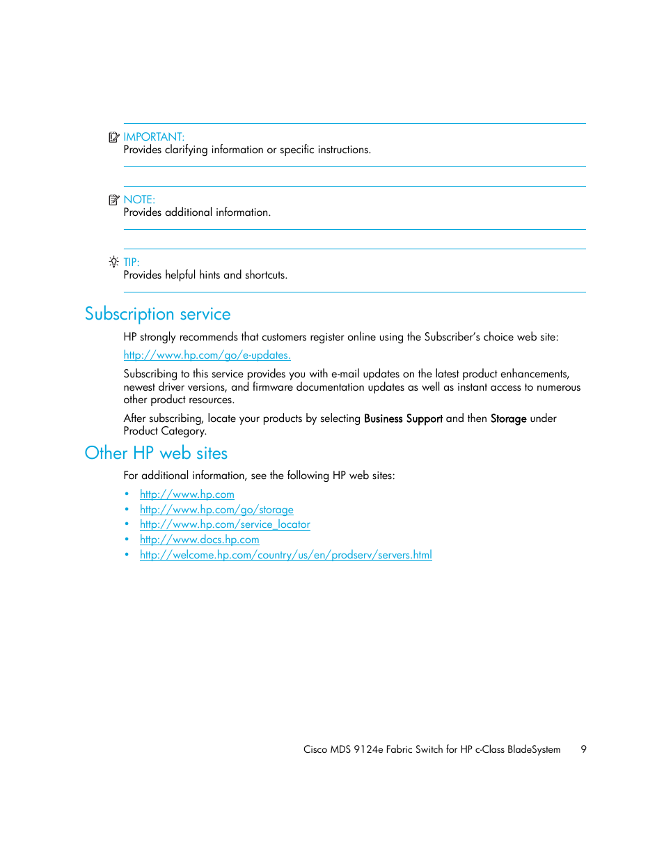 Subscription service, Other hp web sites | HP Cisco MDS 9124e Fabric Switch for BladeSystem c-Class User Manual | Page 9 / 68