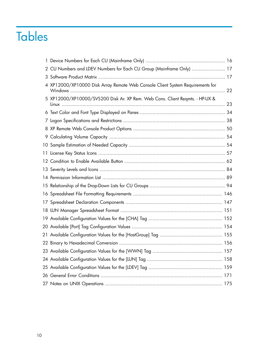 Tables | HP StorageWorks XP Remote Web Console Software User Manual | Page 10 / 186