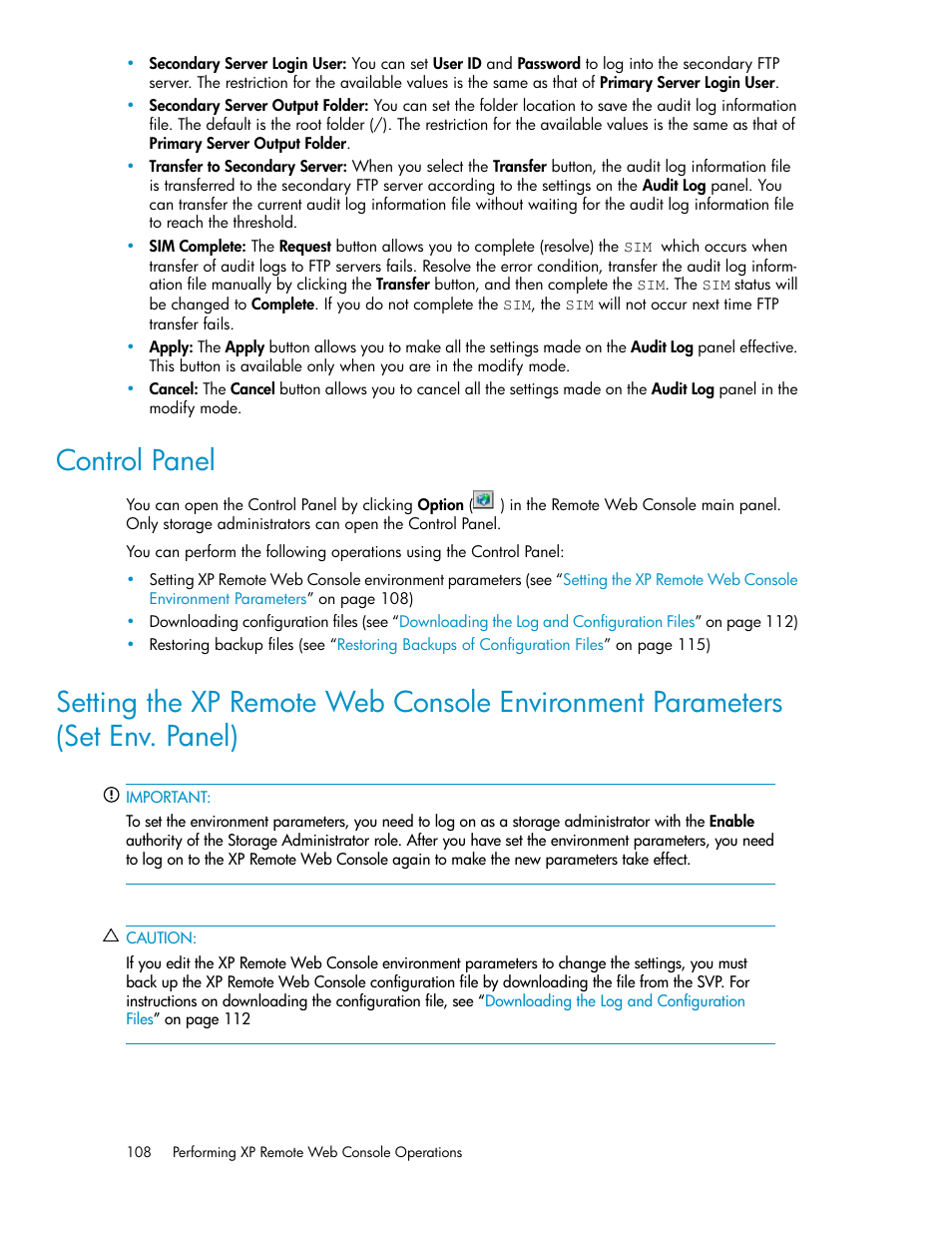 Control panel, Setting the xp remote web, Console environment parameters | Setting the xp remote web console environment, Parameters, Setting the xp remote web console, Environment parameters | HP StorageWorks XP Remote Web Console Software User Manual | Page 108 / 186