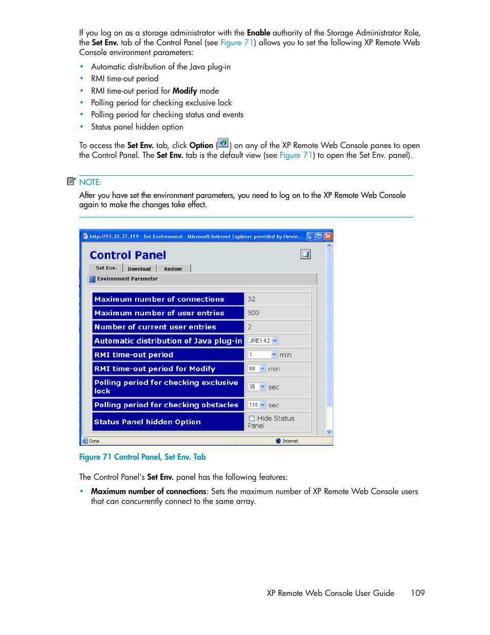 Control panel, set env. tab | HP StorageWorks XP Remote Web Console Software User Manual | Page 109 / 186