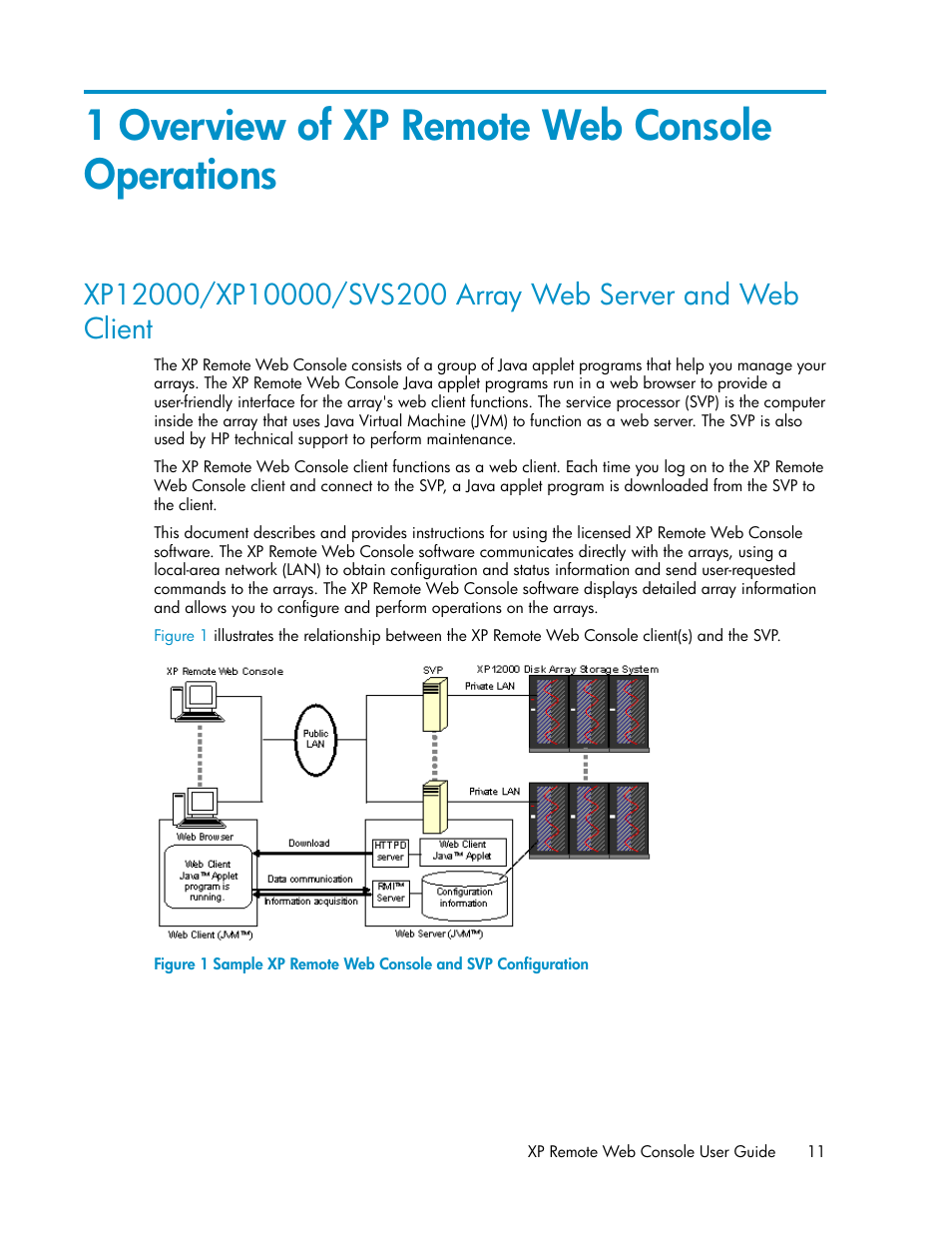 1 overview of xp remote web console operations, Sample xp remote web console and svp configuration | HP StorageWorks XP Remote Web Console Software User Manual | Page 11 / 186