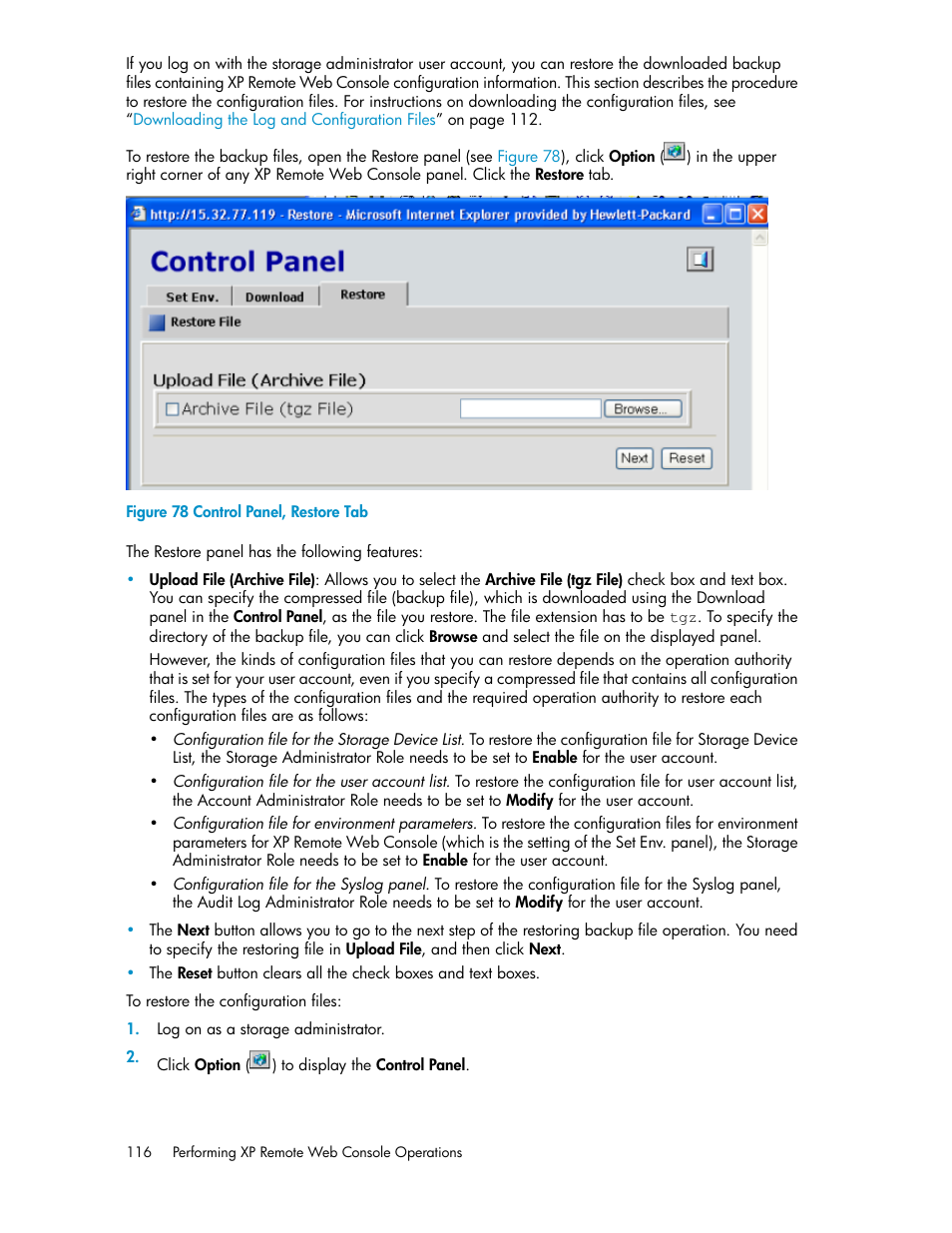 Control panel, restore tab | HP StorageWorks XP Remote Web Console Software User Manual | Page 116 / 186