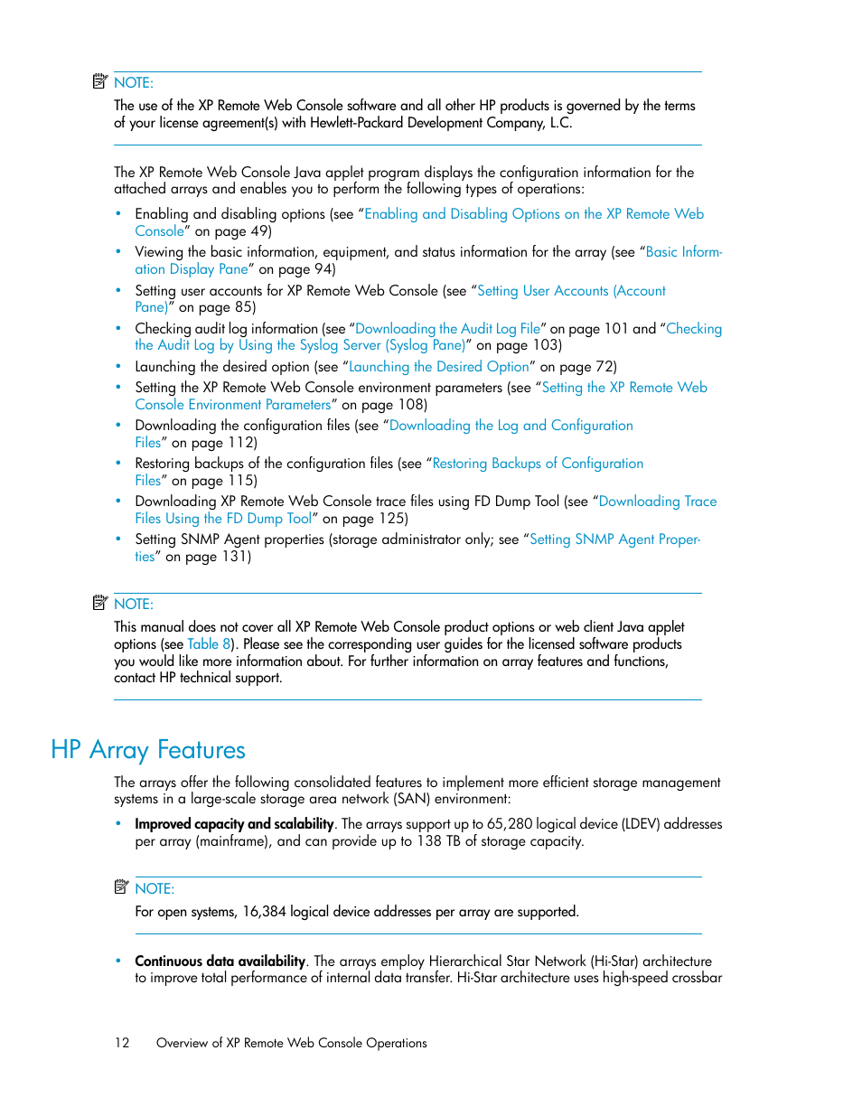 Hp array features | HP StorageWorks XP Remote Web Console Software User Manual | Page 12 / 186