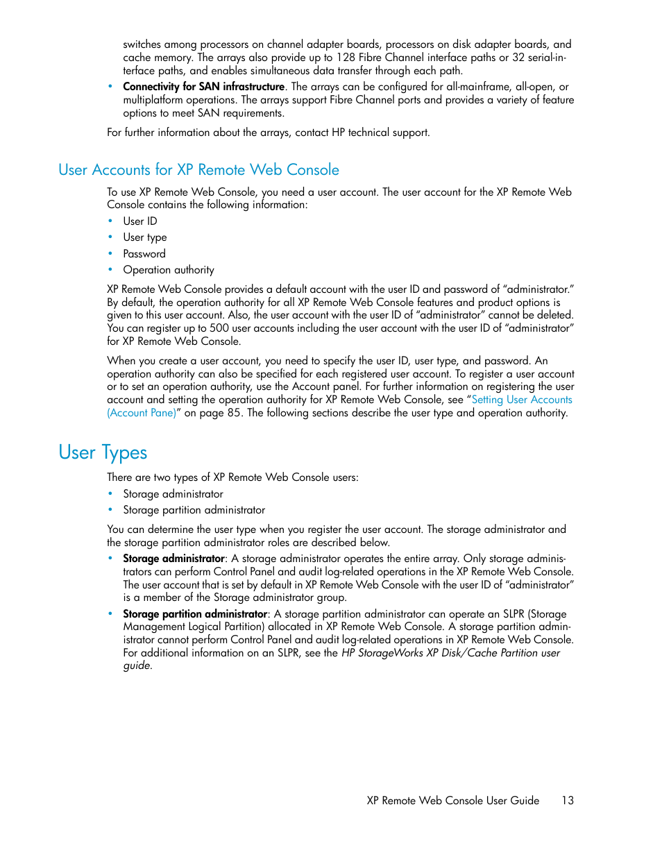 User accounts for xp remote web console, User types | HP StorageWorks XP Remote Web Console Software User Manual | Page 13 / 186