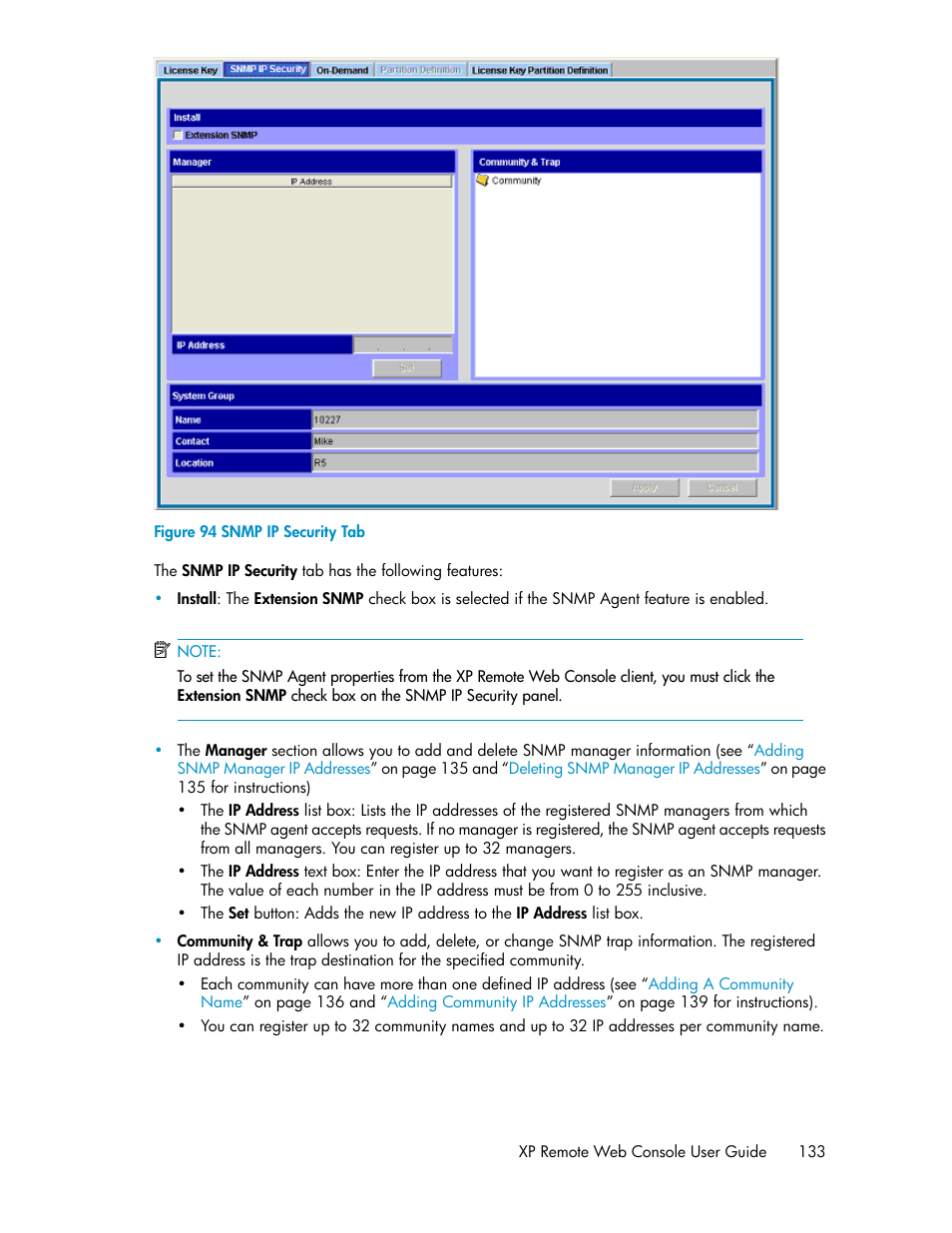 Snmp ip security tab, Figure 94 | HP StorageWorks XP Remote Web Console Software User Manual | Page 133 / 186