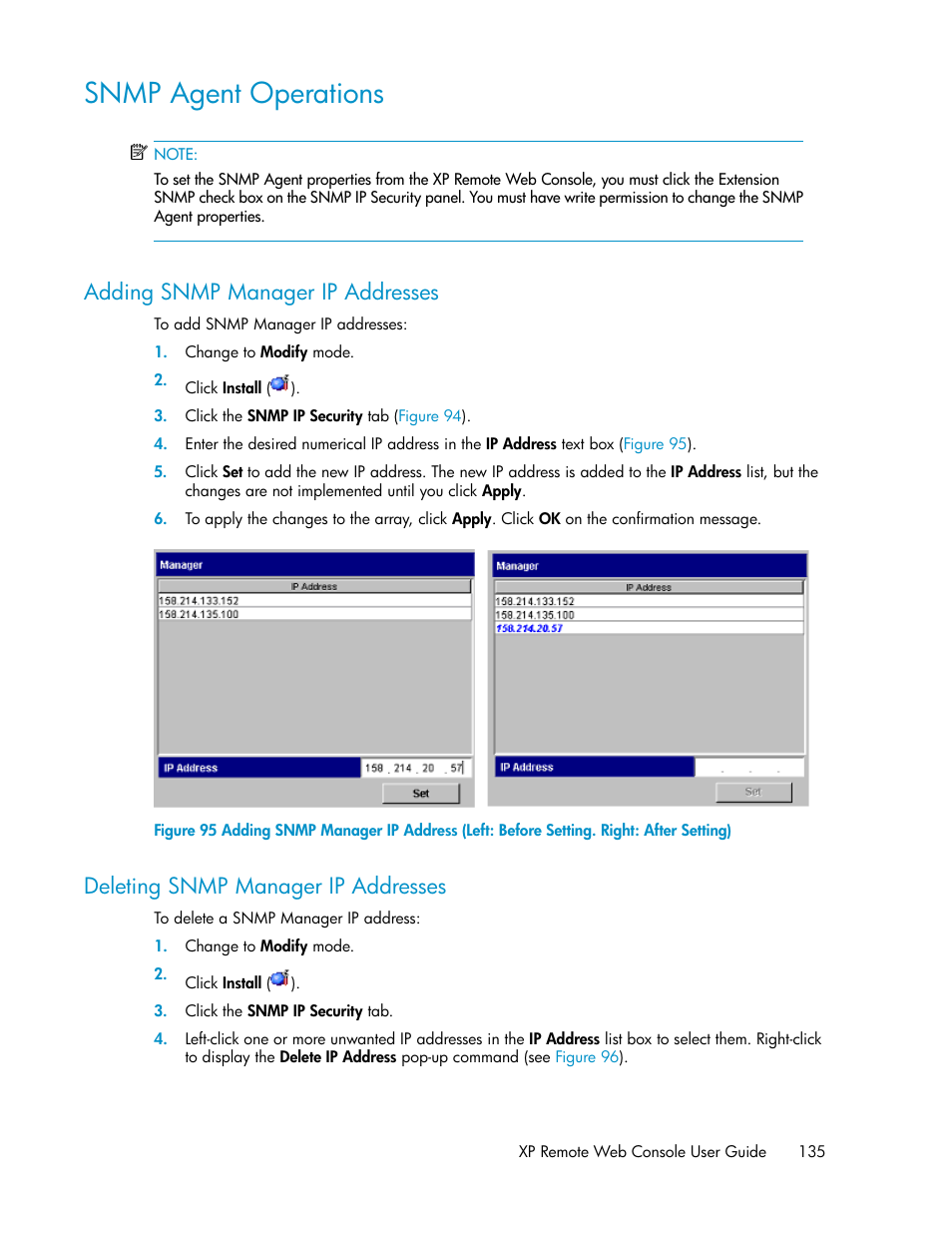 Snmp agent operations, Adding snmp manager ip addresses, Deleting snmp manager ip addresses | 135 deleting snmp manager ip addresses, Adding, Snmp manager ip addresses | HP StorageWorks XP Remote Web Console Software User Manual | Page 135 / 186