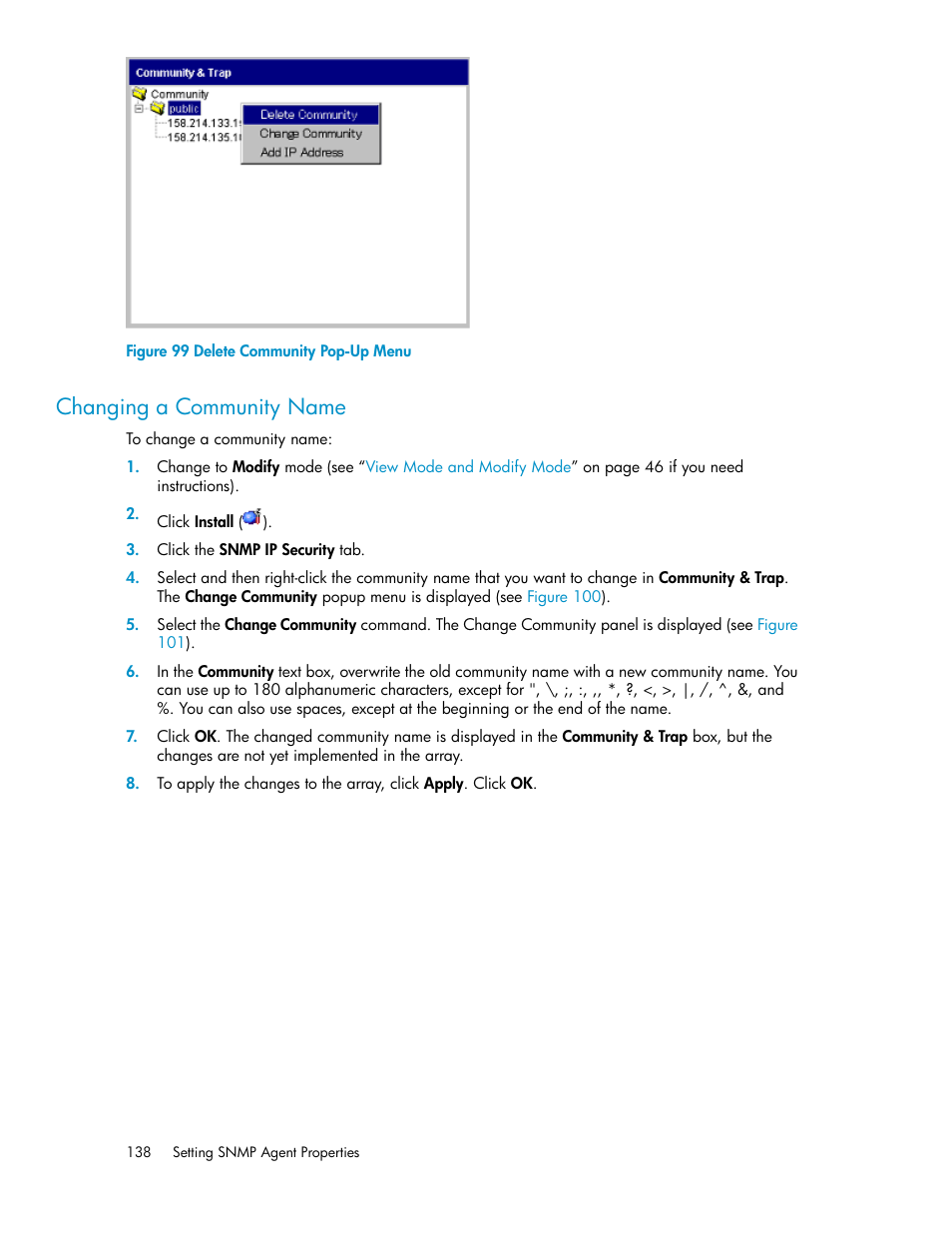 Changing a community name, Delete community pop-up menu | HP StorageWorks XP Remote Web Console Software User Manual | Page 138 / 186