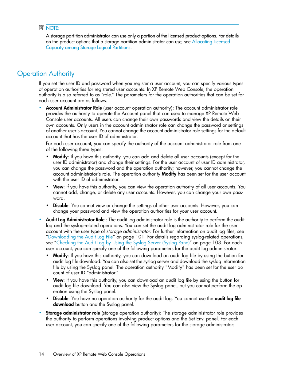 Operation authority | HP StorageWorks XP Remote Web Console Software User Manual | Page 14 / 186