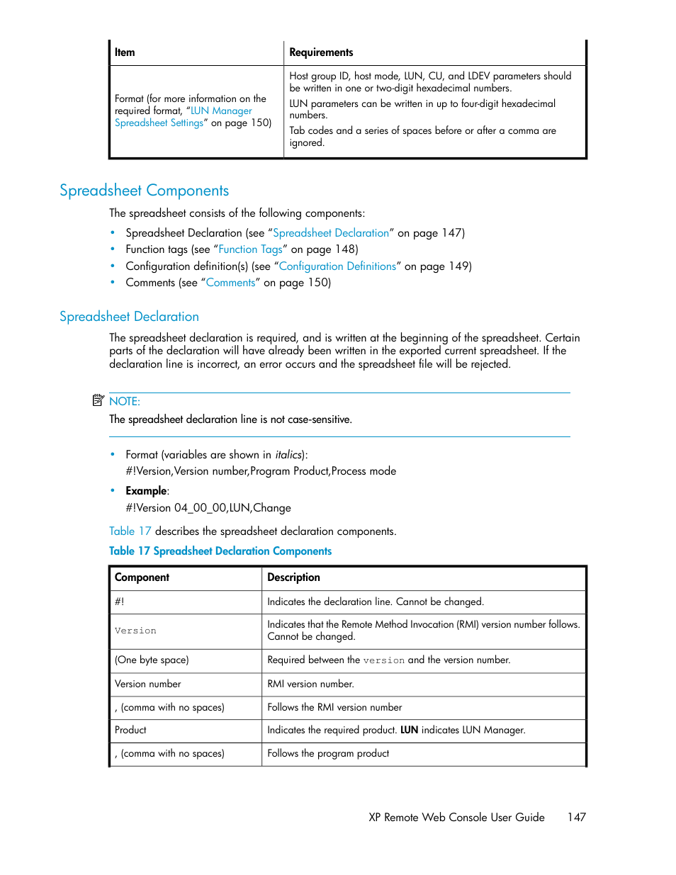 Spreadsheet components, Spreadsheet declaration, Spreadsheet declaration components | HP StorageWorks XP Remote Web Console Software User Manual | Page 147 / 186