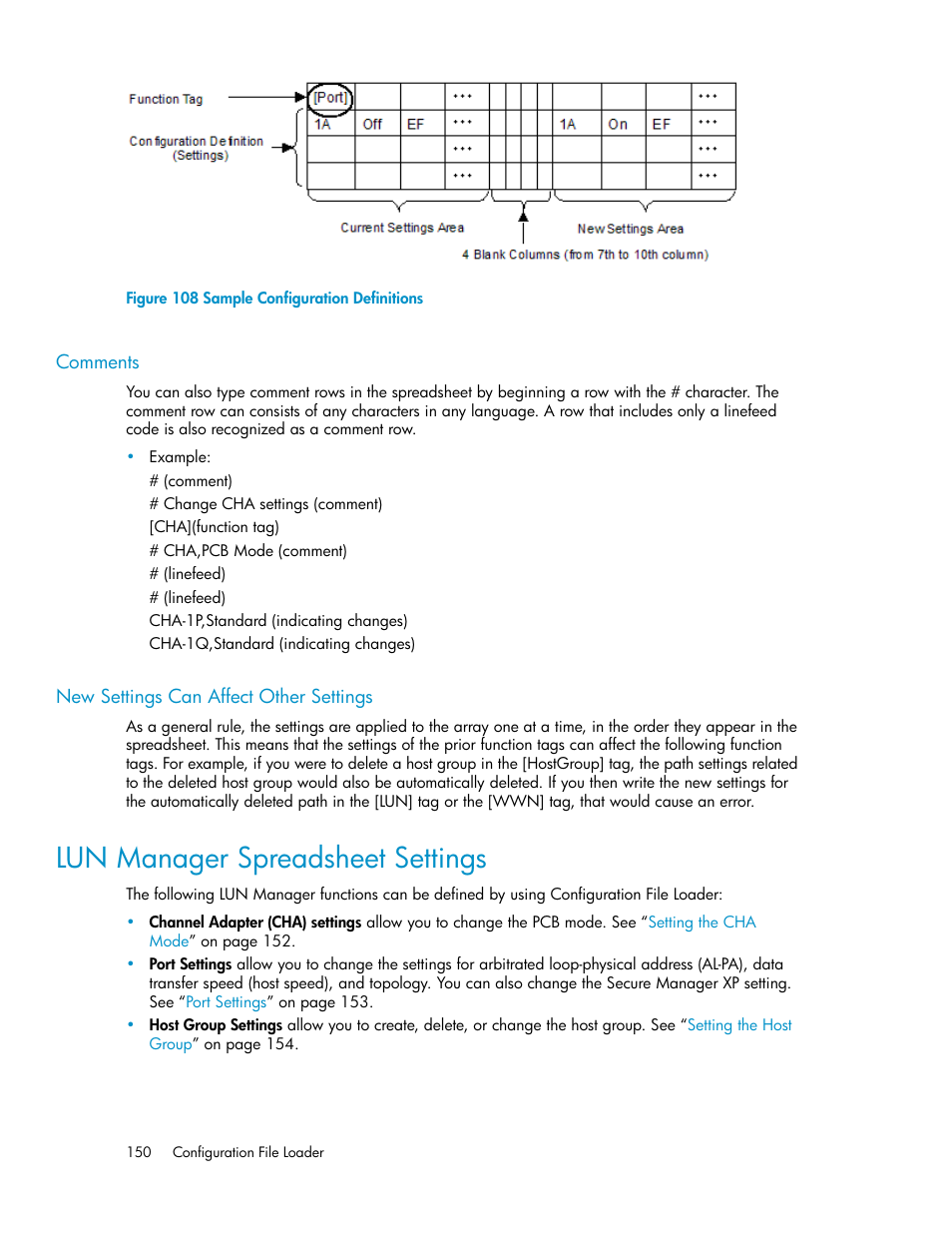 Comments, New settings can affect other settings, Lun manager spreadsheet settings | 150 new settings can affect other settings, Sample configuration definitions, Lun manager, Spreadsheet settings, Figure 108 | HP StorageWorks XP Remote Web Console Software User Manual | Page 150 / 186