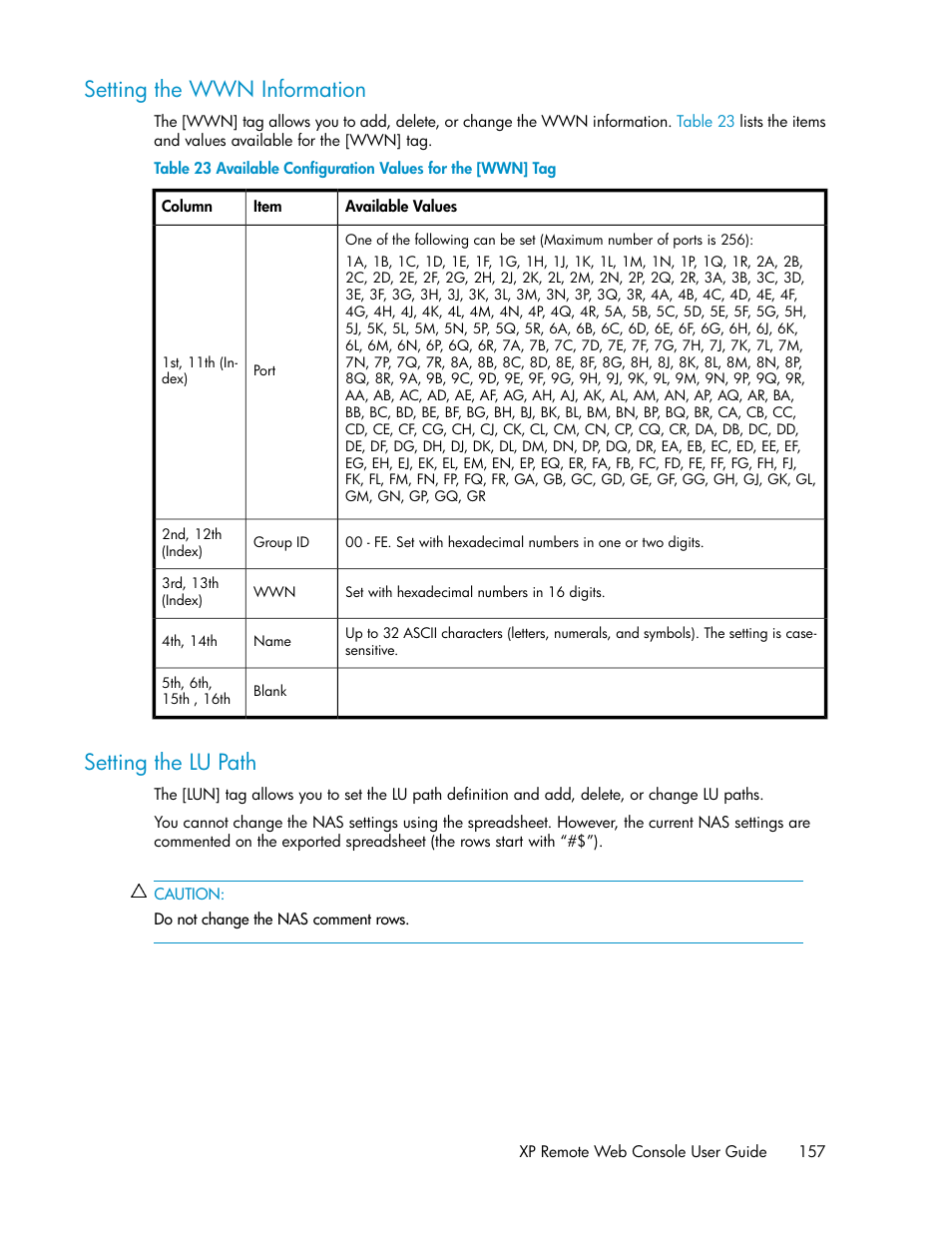 Setting the wwn information, Setting the lu path, 157 setting the lu path | Available configuration values for the [wwn] tag, Setting the wwn, Information, Setting the lu, Path | HP StorageWorks XP Remote Web Console Software User Manual | Page 157 / 186