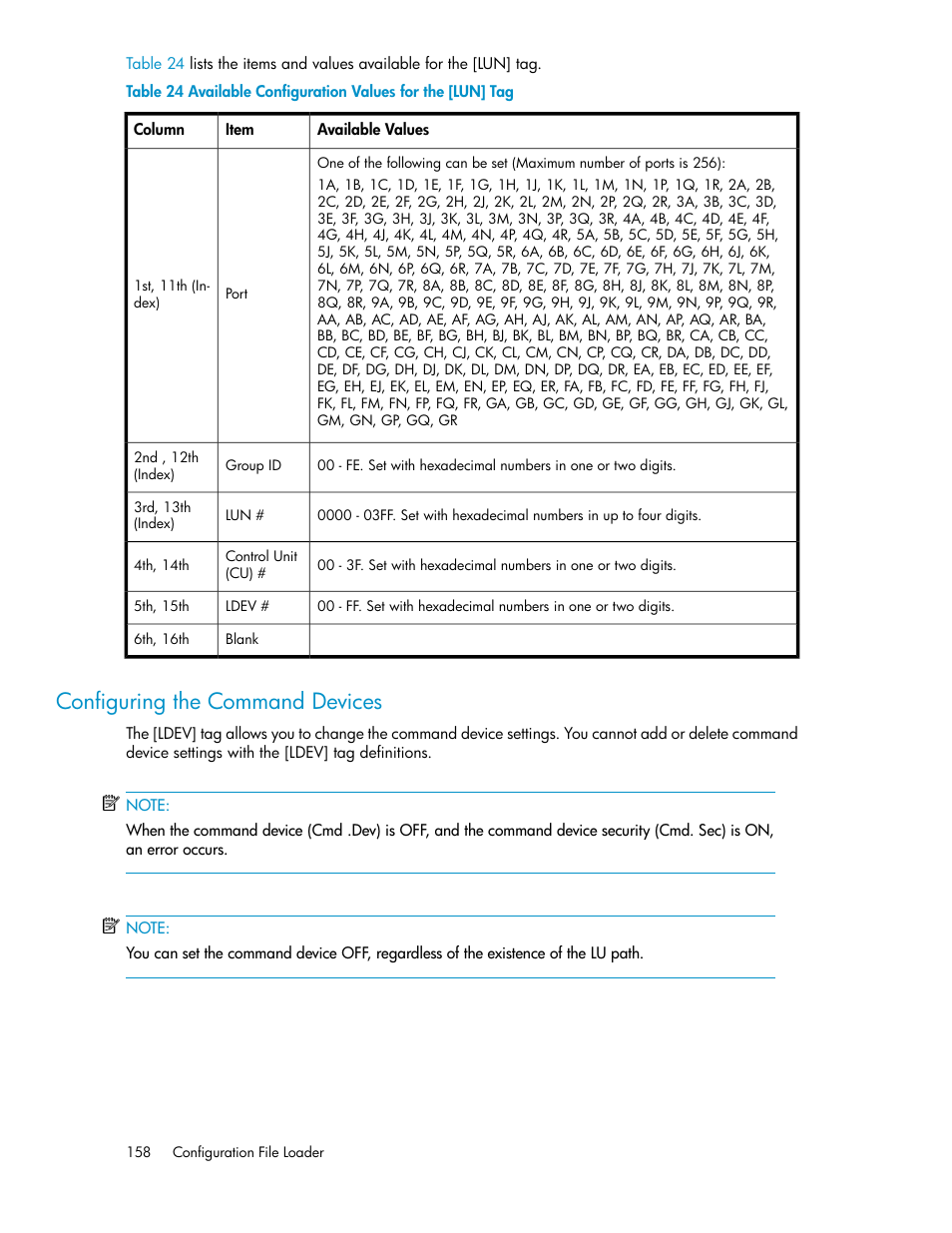 Configuring the command devices, Available configuration values for the [lun] tag | HP StorageWorks XP Remote Web Console Software User Manual | Page 158 / 186