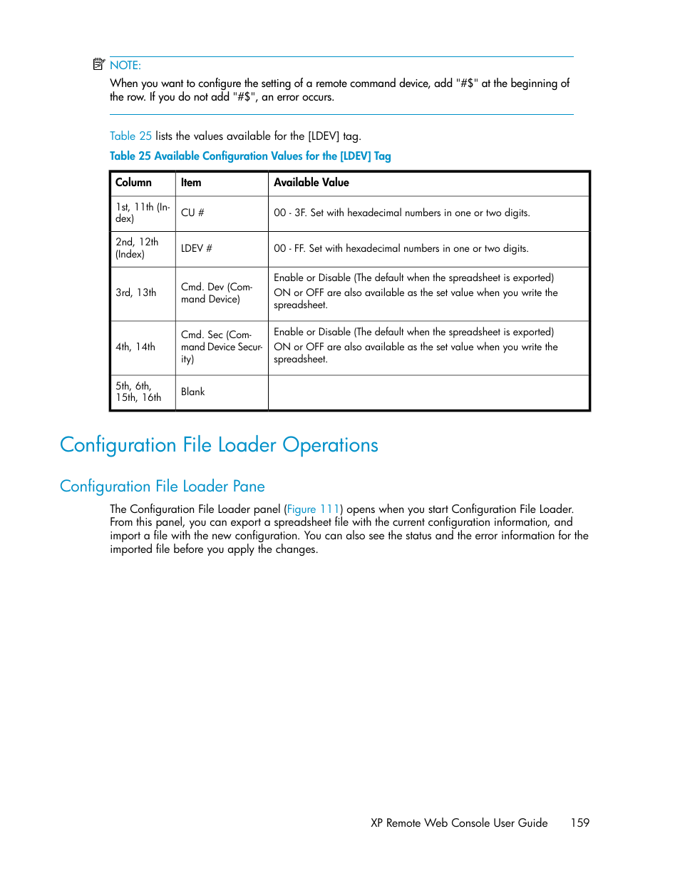 Configuration file loader operations, Configuration file loader pane, Available configuration values for the [ldev] tag | HP StorageWorks XP Remote Web Console Software User Manual | Page 159 / 186