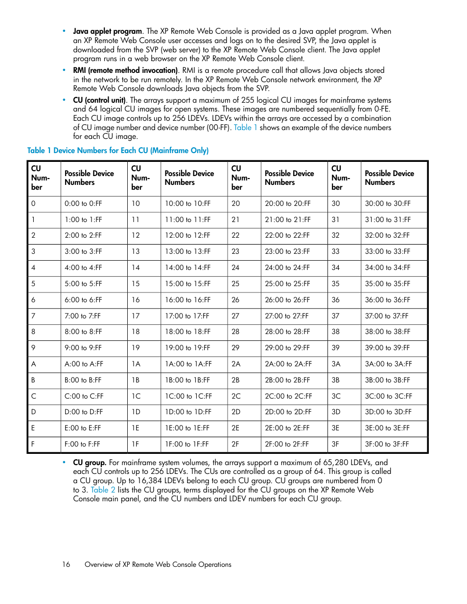 Device numbers for each cu (mainframe only) | HP StorageWorks XP Remote Web Console Software User Manual | Page 16 / 186