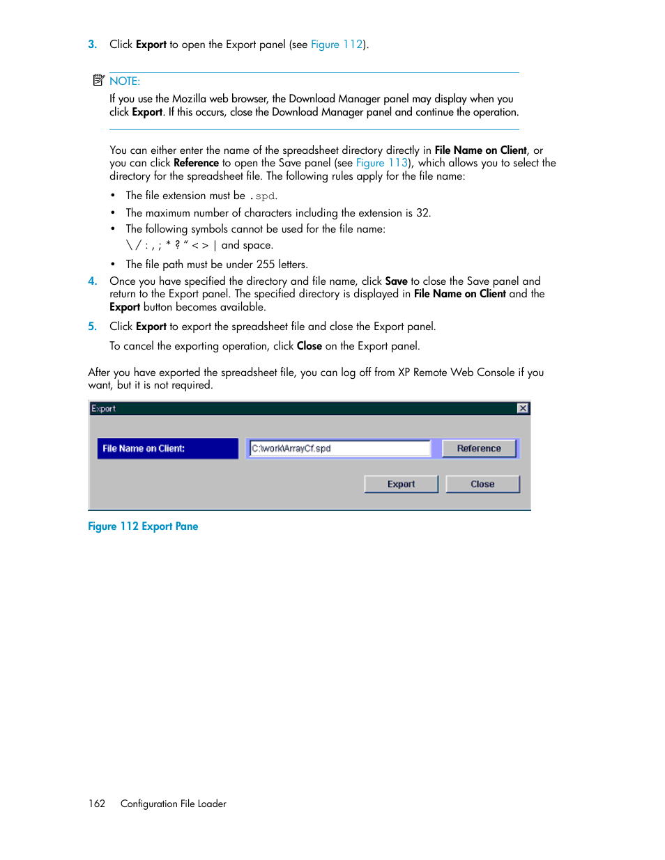 Export pane | HP StorageWorks XP Remote Web Console Software User Manual | Page 162 / 186