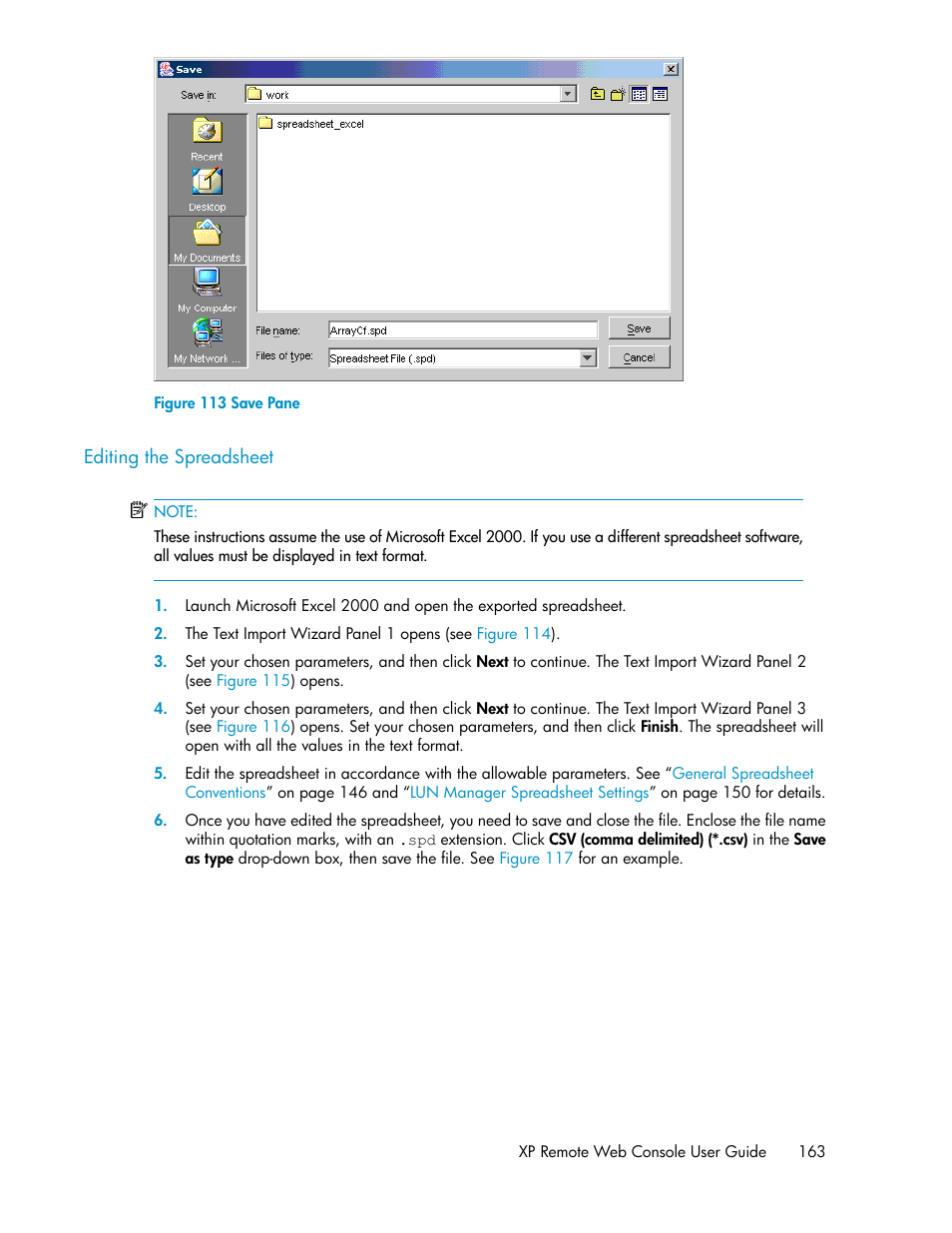 Editing the spreadsheet, Save pane | HP StorageWorks XP Remote Web Console Software User Manual | Page 163 / 186