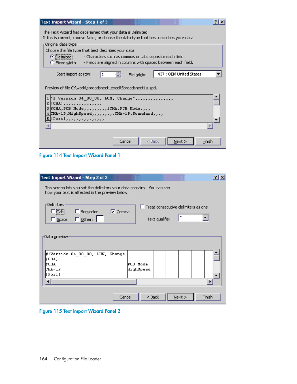 Text import wizard panel 1, Text import wizard panel 2, Figure 114 | Figure 115 | HP StorageWorks XP Remote Web Console Software User Manual | Page 164 / 186