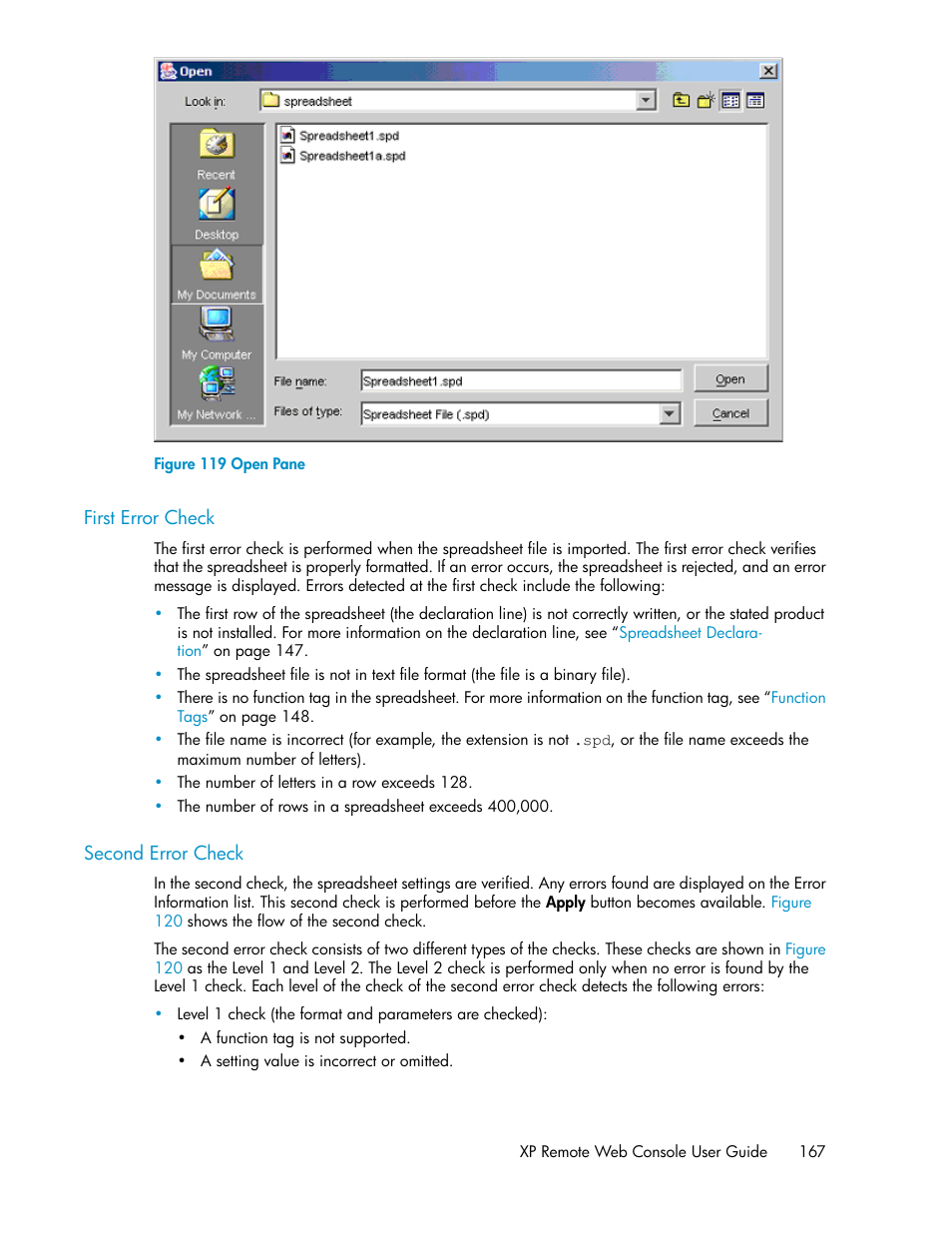 First error check, Second error check, 167 second error check | Open pane | HP StorageWorks XP Remote Web Console Software User Manual | Page 167 / 186