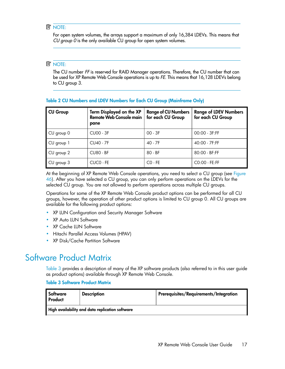 Software product matrix | HP StorageWorks XP Remote Web Console Software User Manual | Page 17 / 186