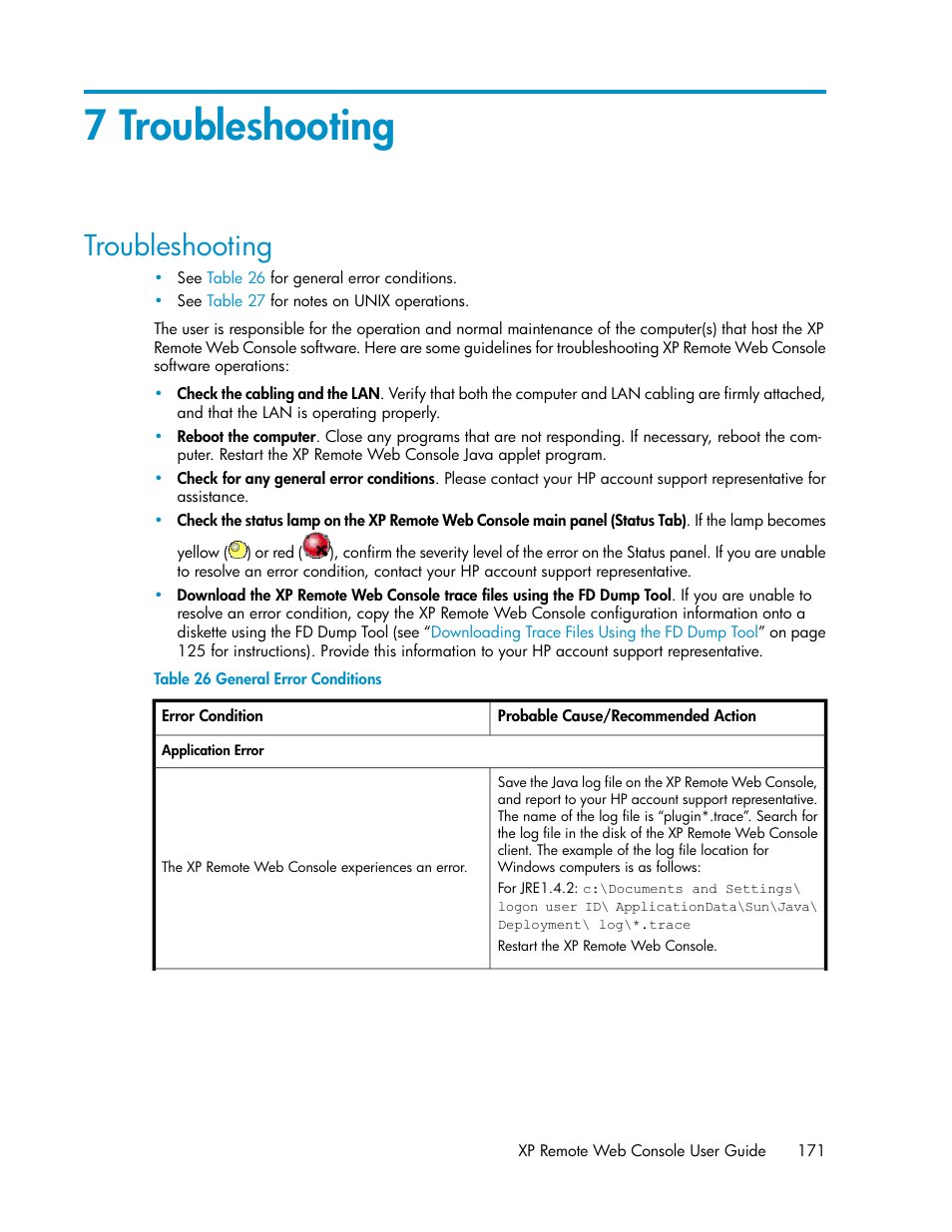 7 troubleshooting, Troubleshooting, General error conditions | HP StorageWorks XP Remote Web Console Software User Manual | Page 171 / 186