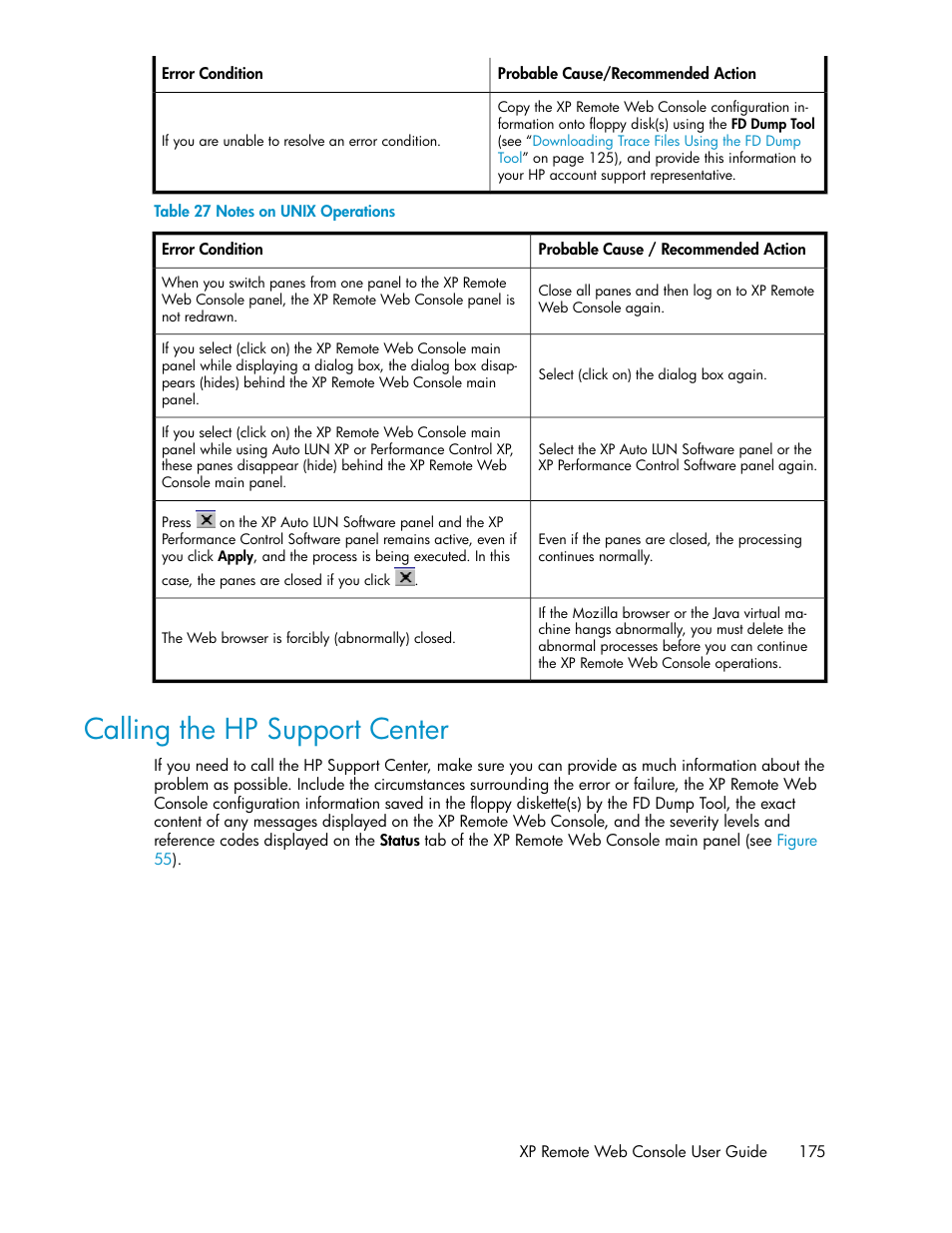 Calling the hp support center, Notes on unix operations, Table 27 | HP StorageWorks XP Remote Web Console Software User Manual | Page 175 / 186