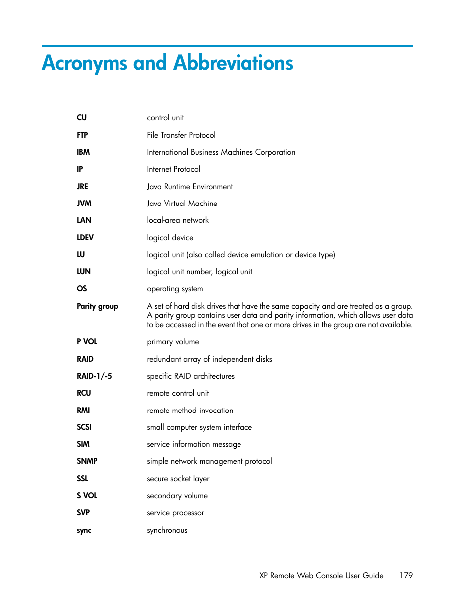 Acronyms and abbreviations | HP StorageWorks XP Remote Web Console Software User Manual | Page 179 / 186