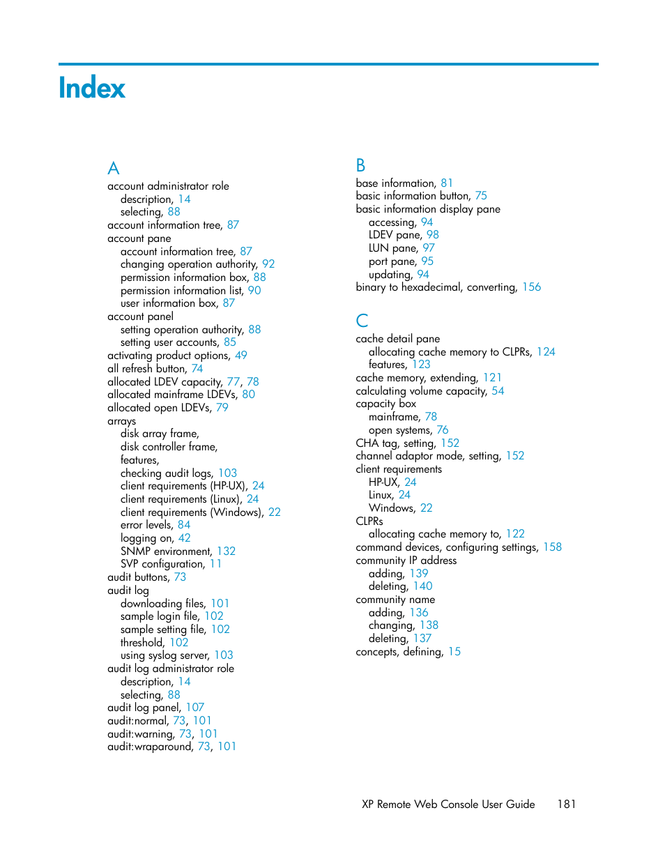 Index | HP StorageWorks XP Remote Web Console Software User Manual | Page 181 / 186