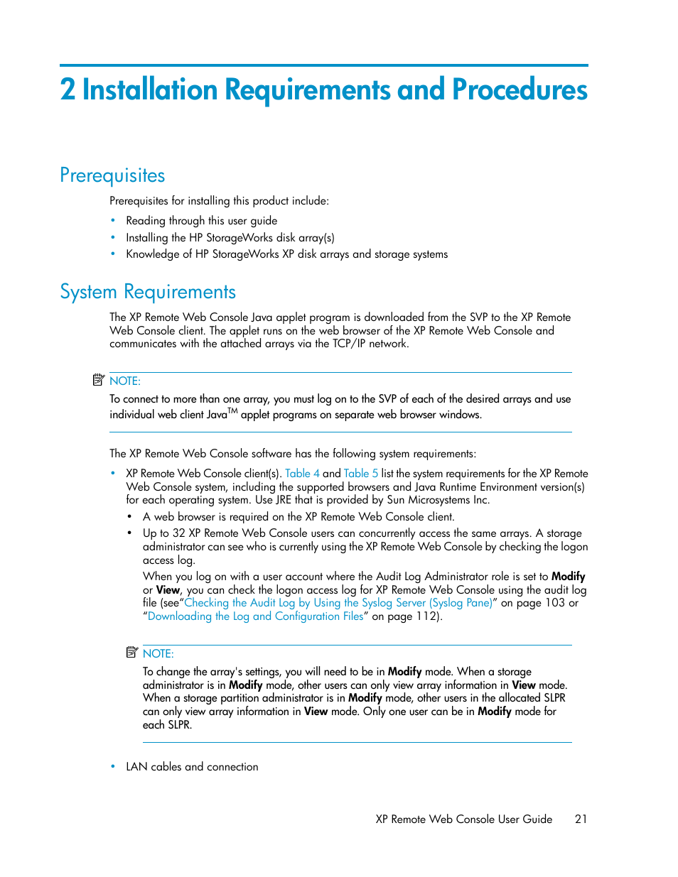 2 installation requirements and procedures, Prerequisites, System requirements | 21 system requirements | HP StorageWorks XP Remote Web Console Software User Manual | Page 21 / 186