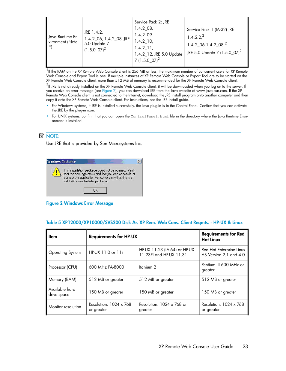 Windows error message, Table 5 | HP StorageWorks XP Remote Web Console Software User Manual | Page 23 / 186