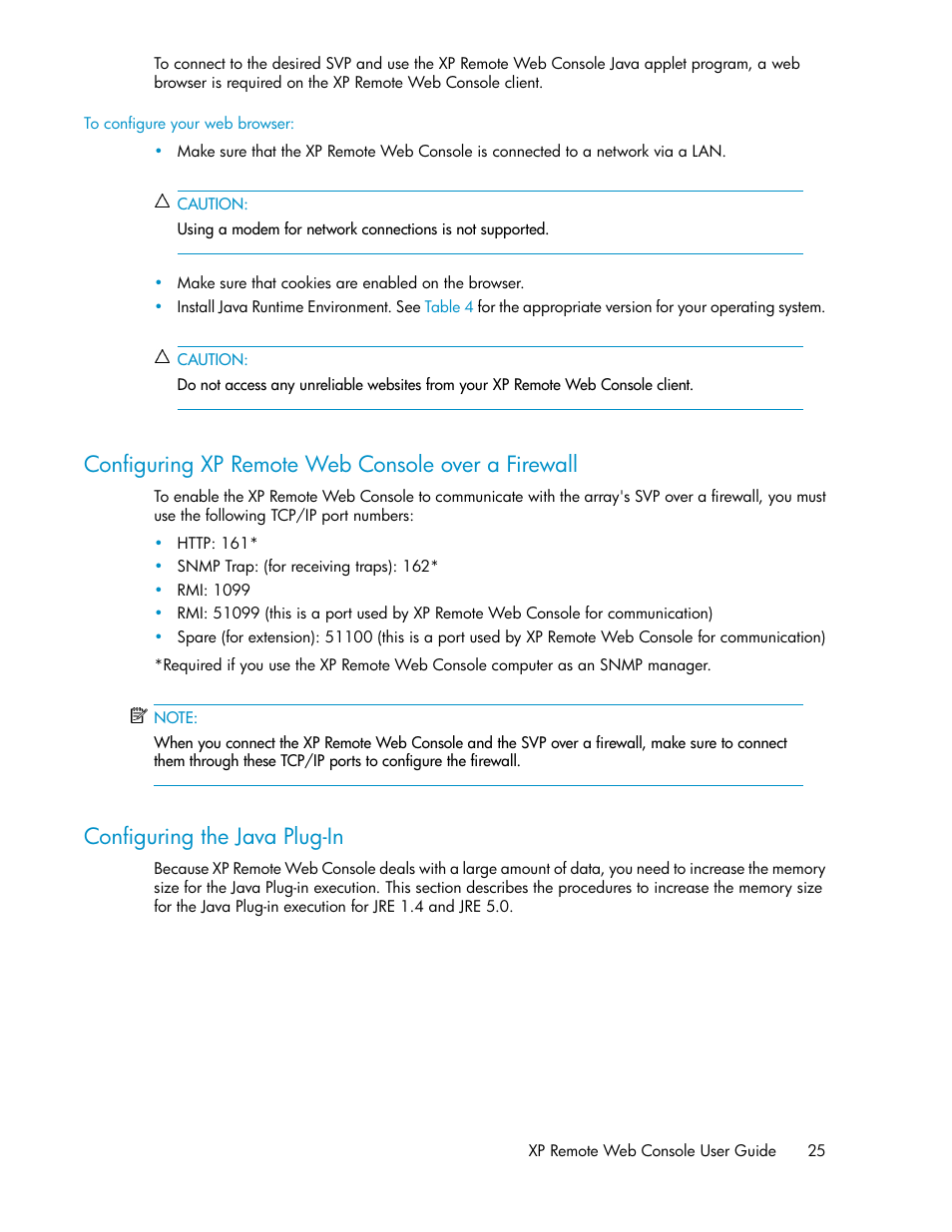 Configuring xp remote web console over a firewall, Configuring the java plug-in, 25 configuring the java plug-in | HP StorageWorks XP Remote Web Console Software User Manual | Page 25 / 186