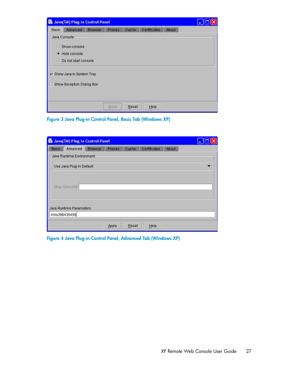 Java plug-in control panel, basic tab (windows xp), Figure 3, Figure 4 | HP StorageWorks XP Remote Web Console Software User Manual | Page 27 / 186